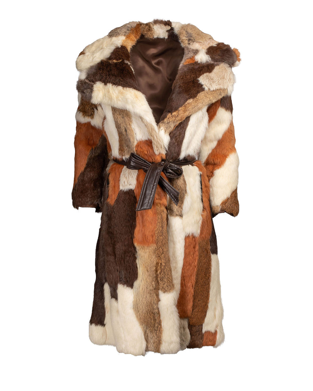 BROWN PATCHWORK RABBIT BELTED COAT