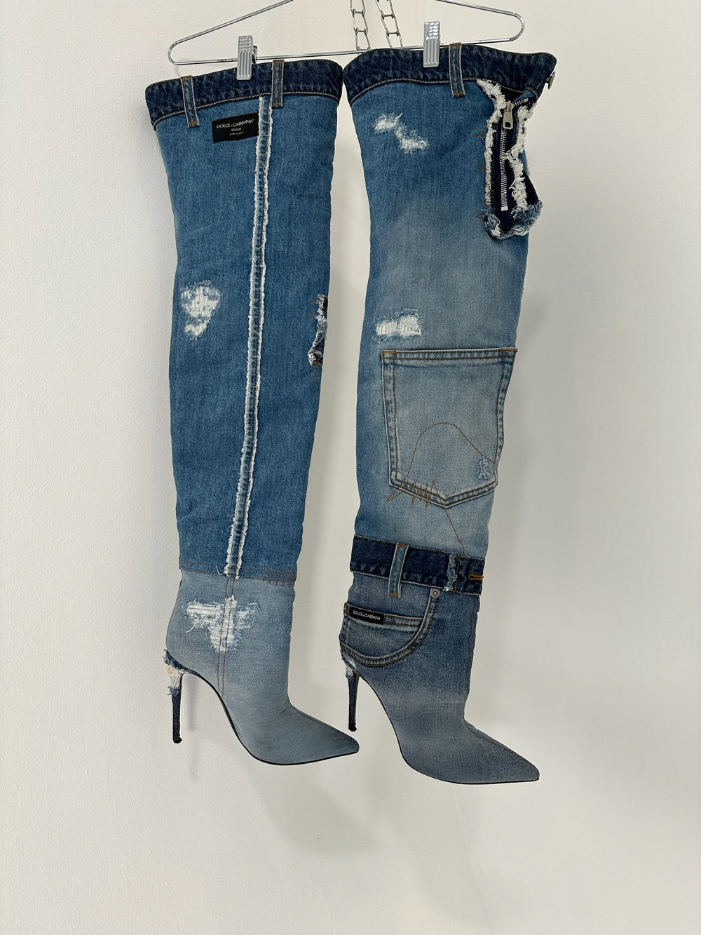 PATCHWORK KNEE HIGH DENIM BOOTS