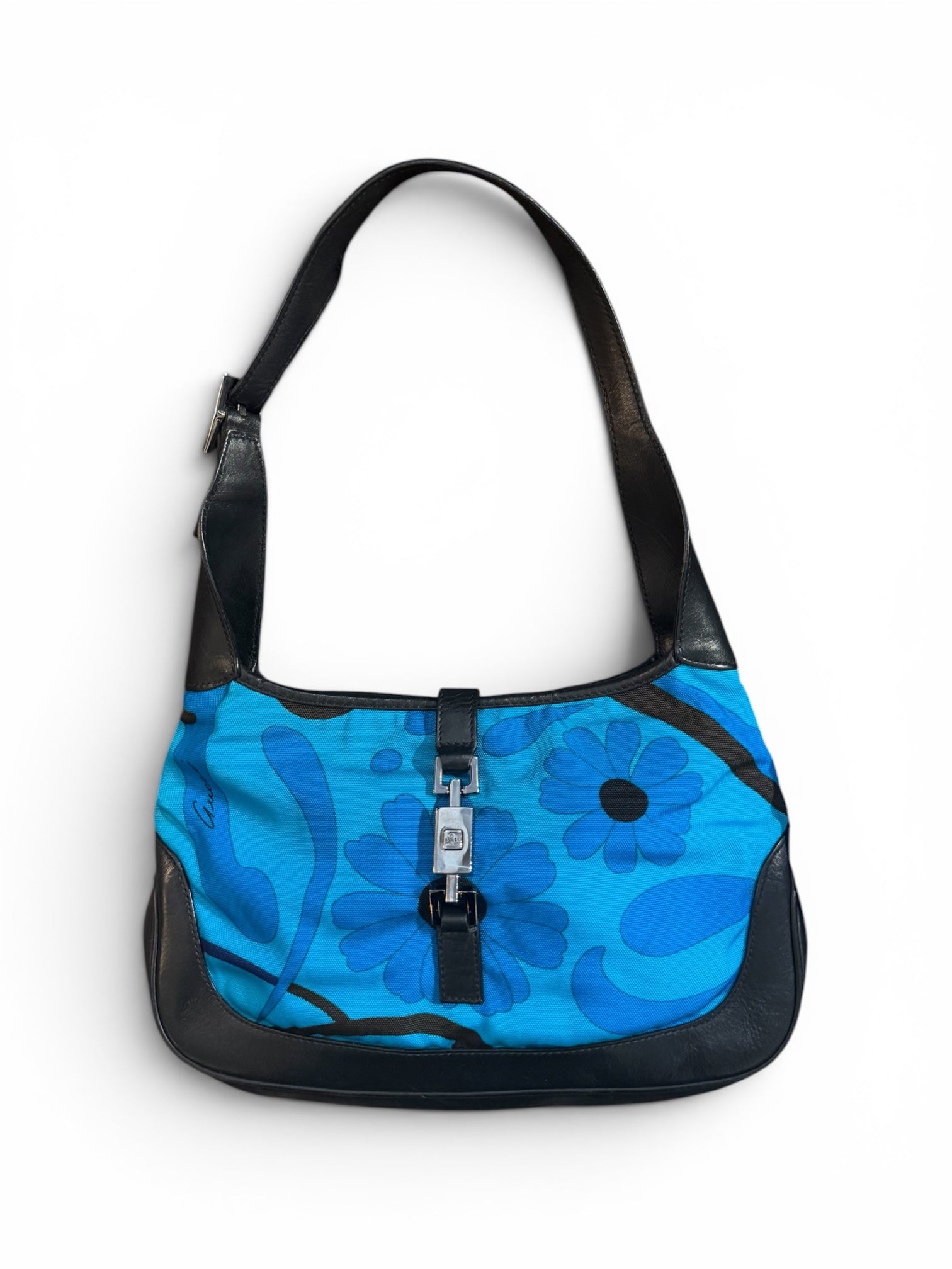 SS1999 RARE BLUE FLORAL CANVAS & LEATHER SHOULDER BAG