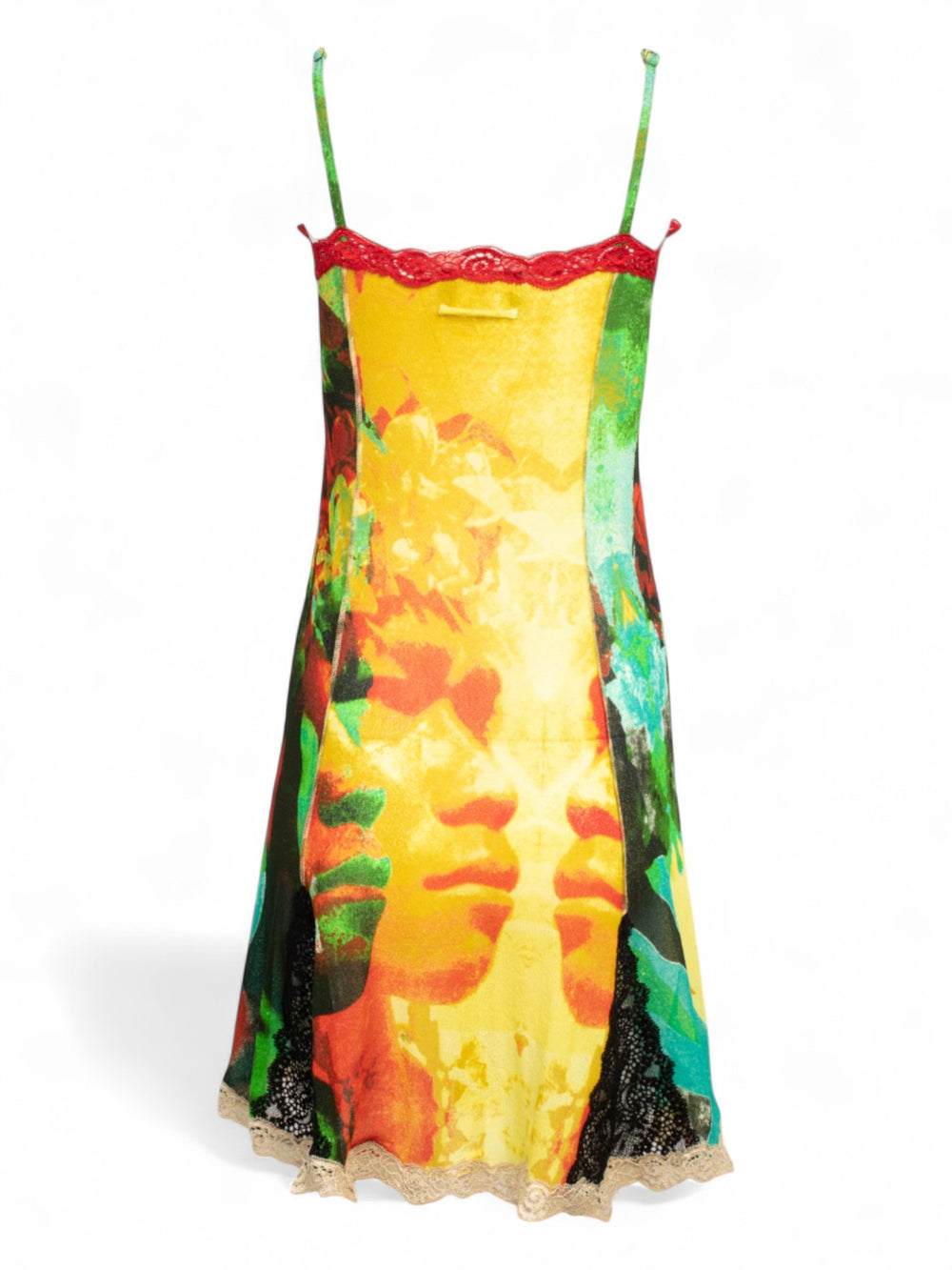 SS00 PSYCHEDELIC SHEER FACES DRESS W LACE TRIM
