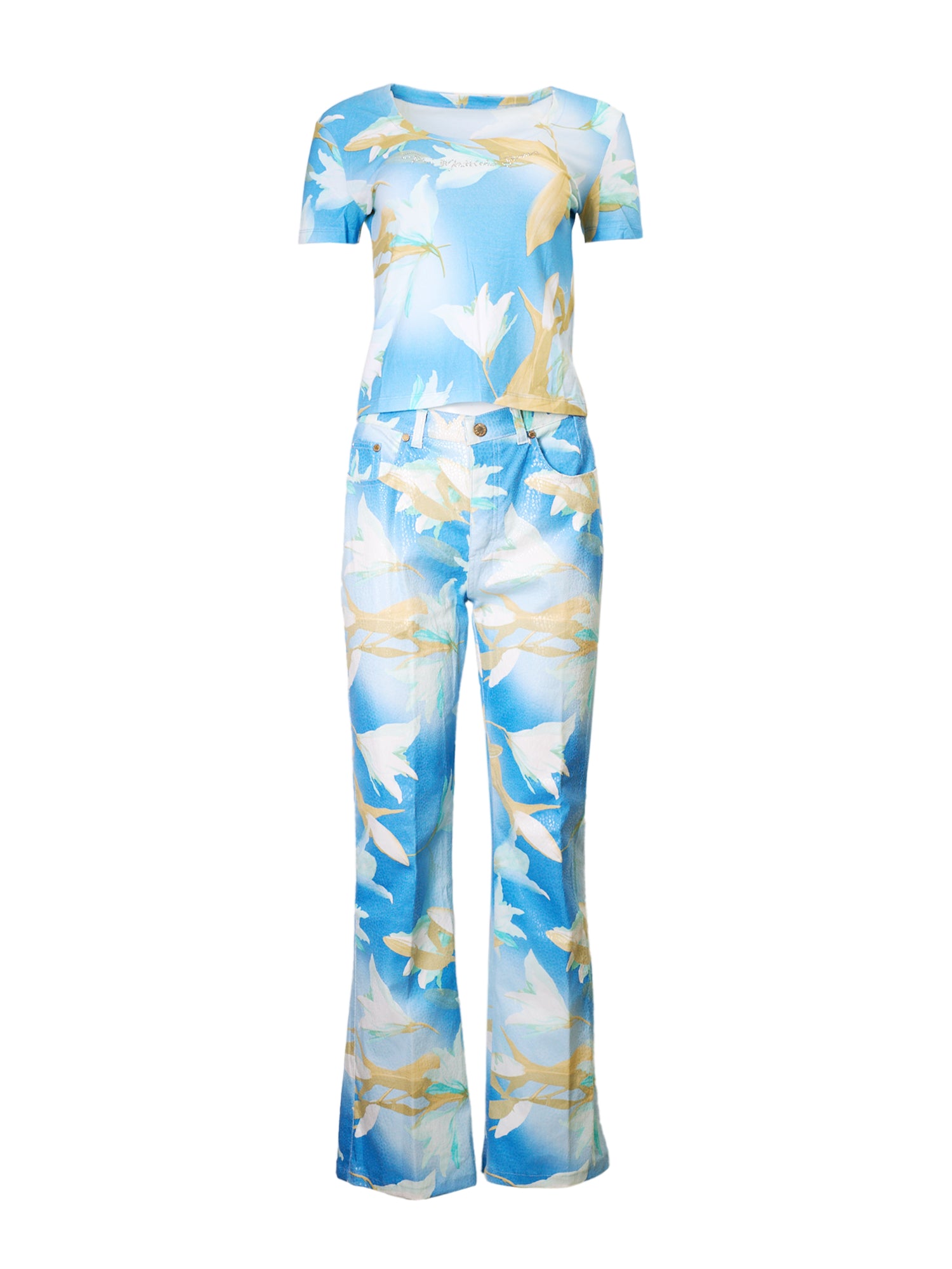 BLUE/WHITE SKY & FLORAL PRINT 2PC TOP & JEANS SET
