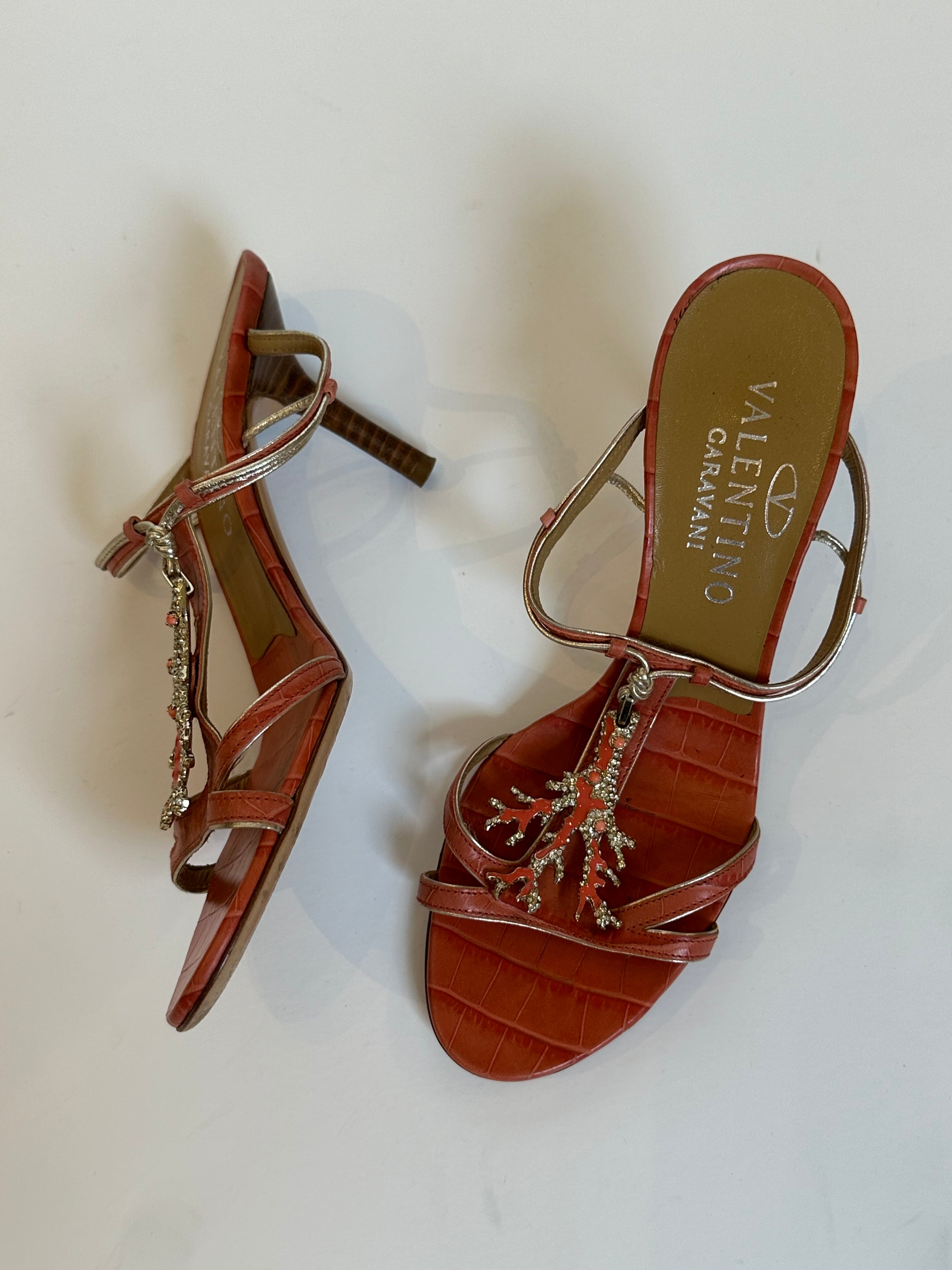 CORAL EMBELLISHED STRAPPY HEELS