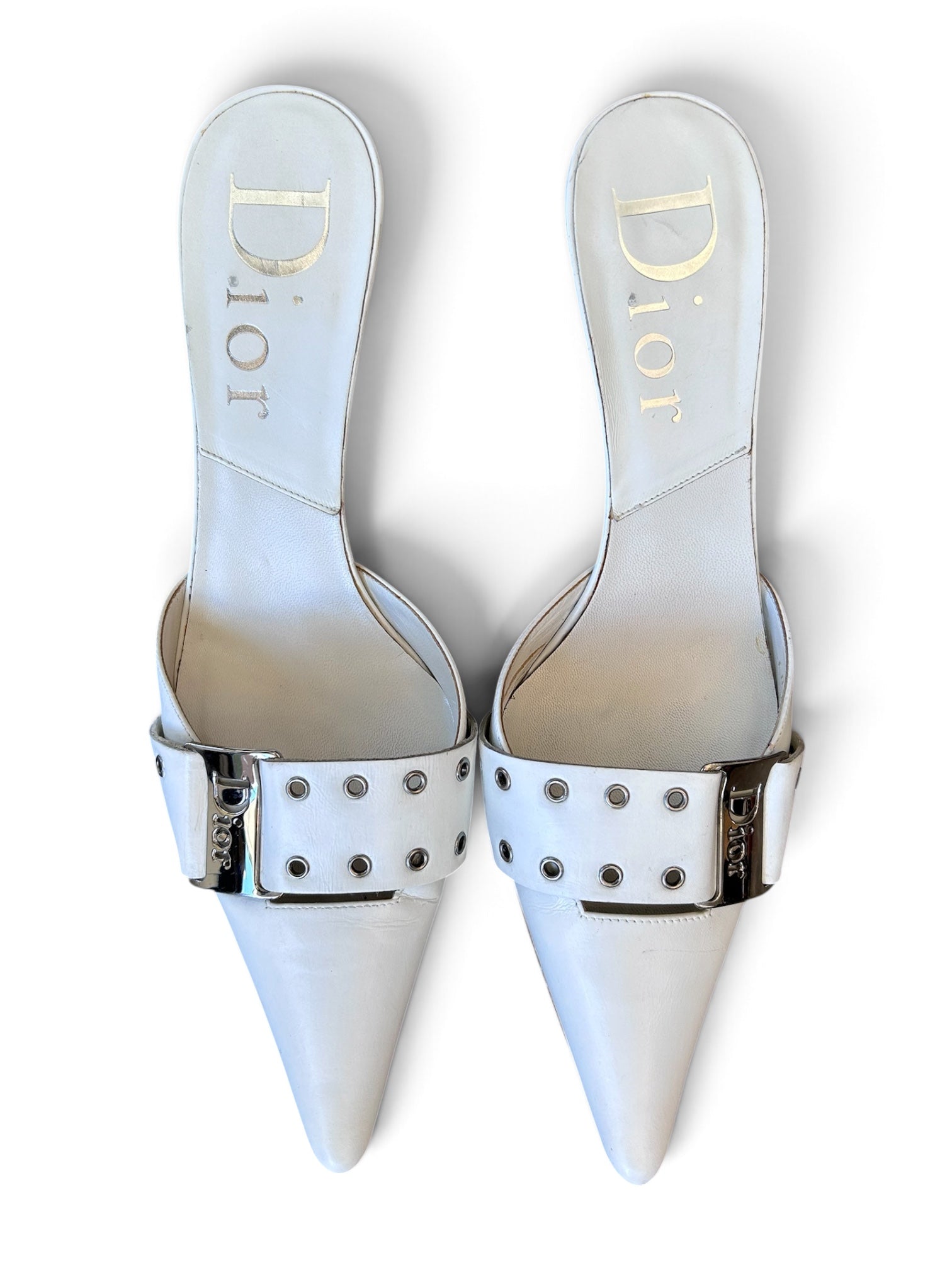 WHITE BUCKLE POINT TOE MULES