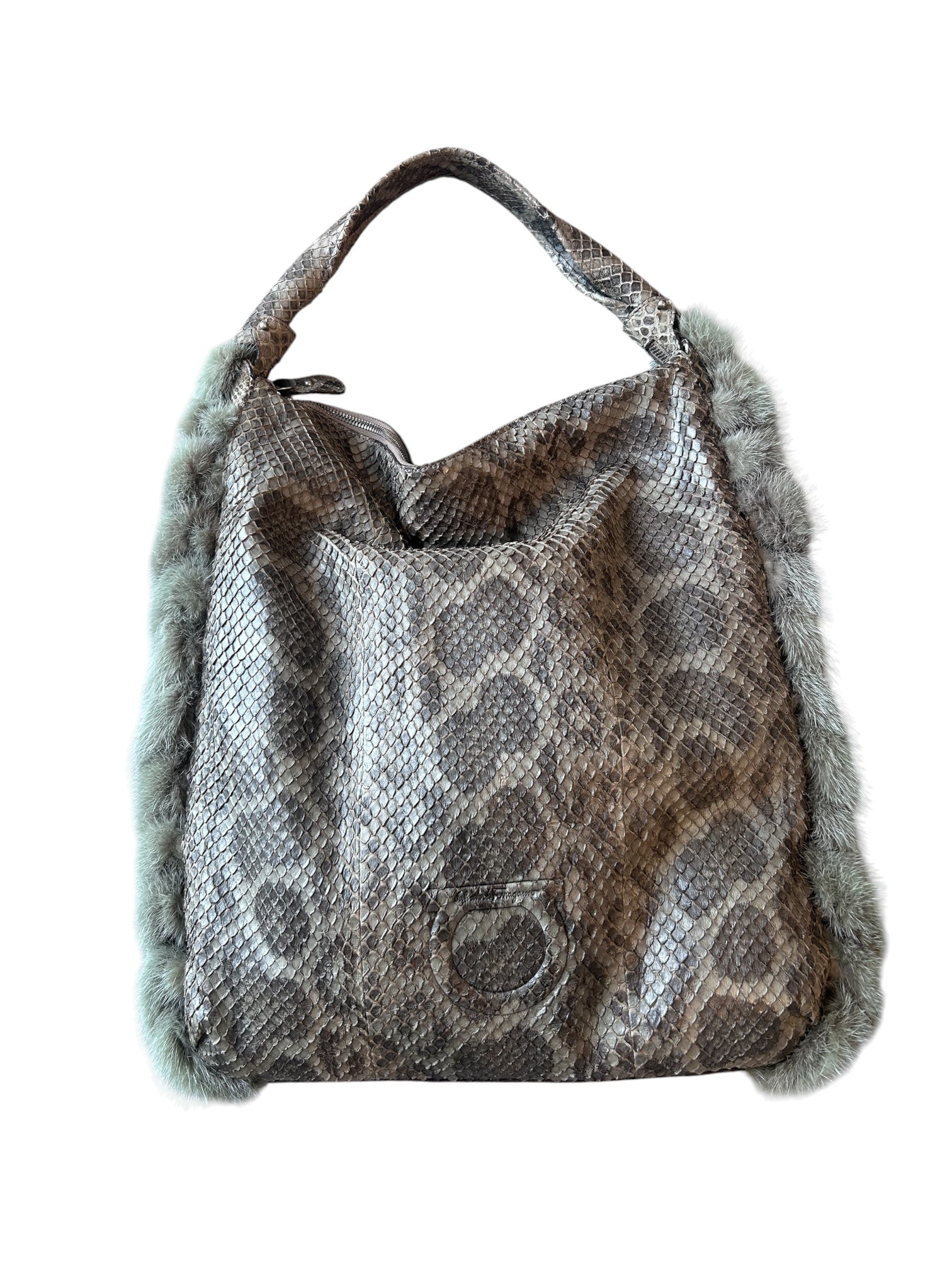GREY/GREEN CAMO PYTHON & MINK FUR BAG @IRIK