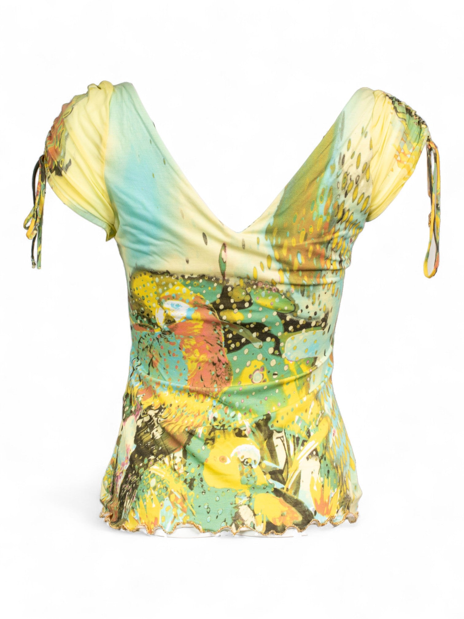 SS02 PARROT PRINTED SILK & COTTON TOP W CHARMS