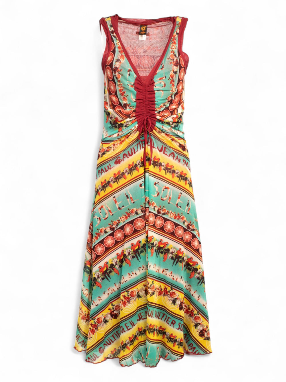 90/00S PARROT PRINTED BURGUNDY MESH DRESS