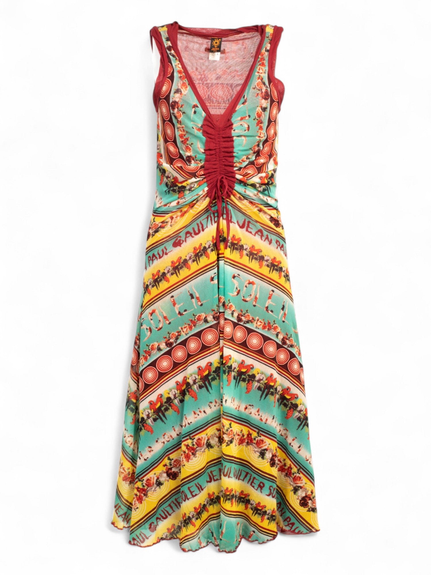 90/00S PARROT PRINTED BURGUNDY MESH DRESS