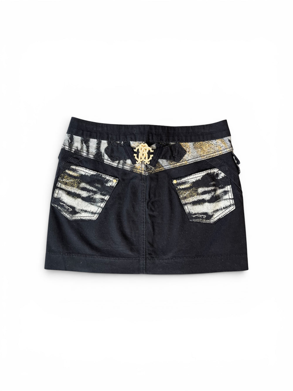 BLACK DENIM MINI CARGO SKIRT W ANIMAL PRINT DETAIL