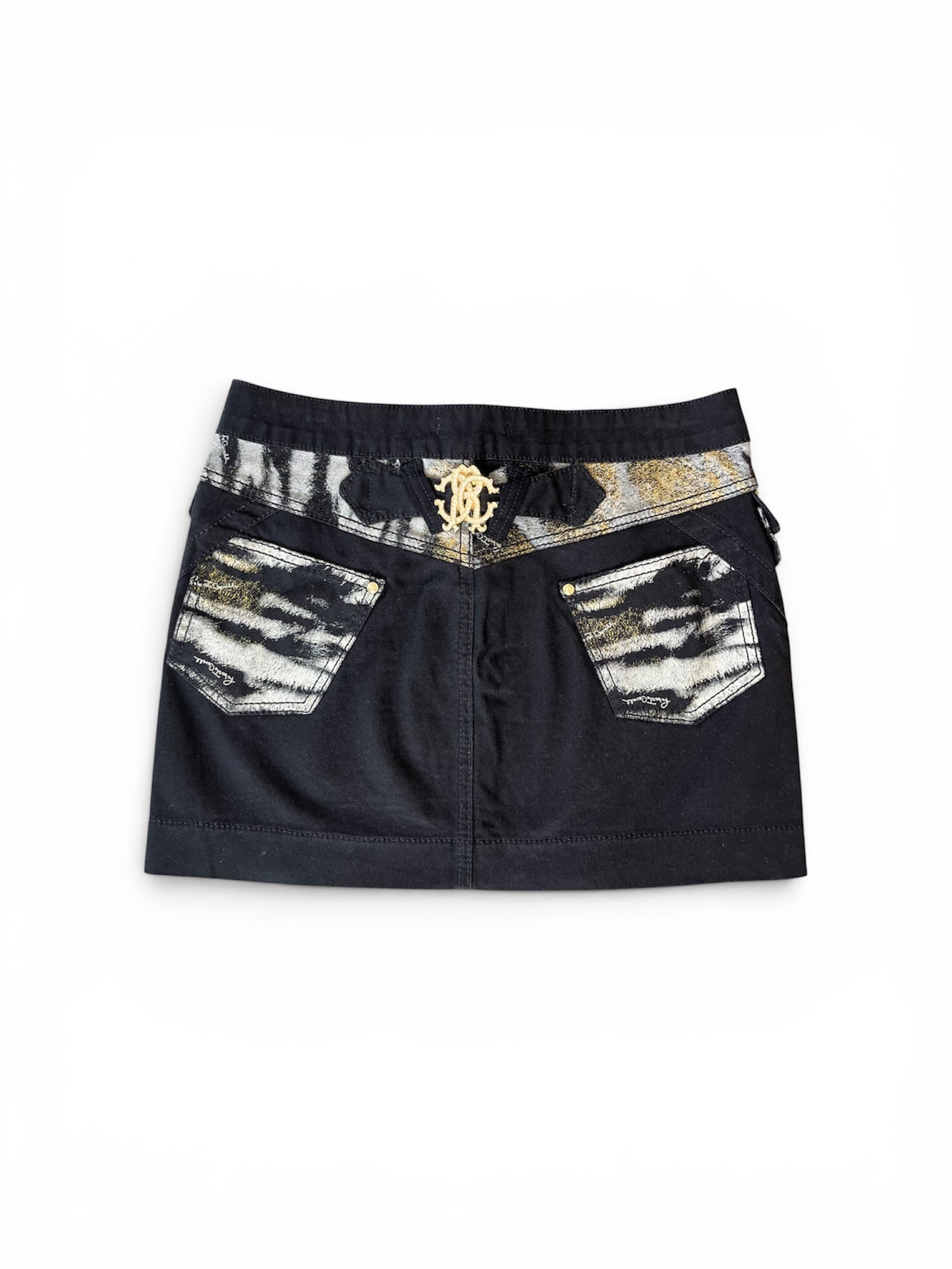 BLACK DENIM MINI CARGO SKIRT W ANIMAL PRINT DETAIL