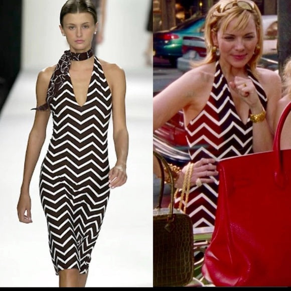 SS01 BROWN & WHITE CHEVRON HALTER DRESS