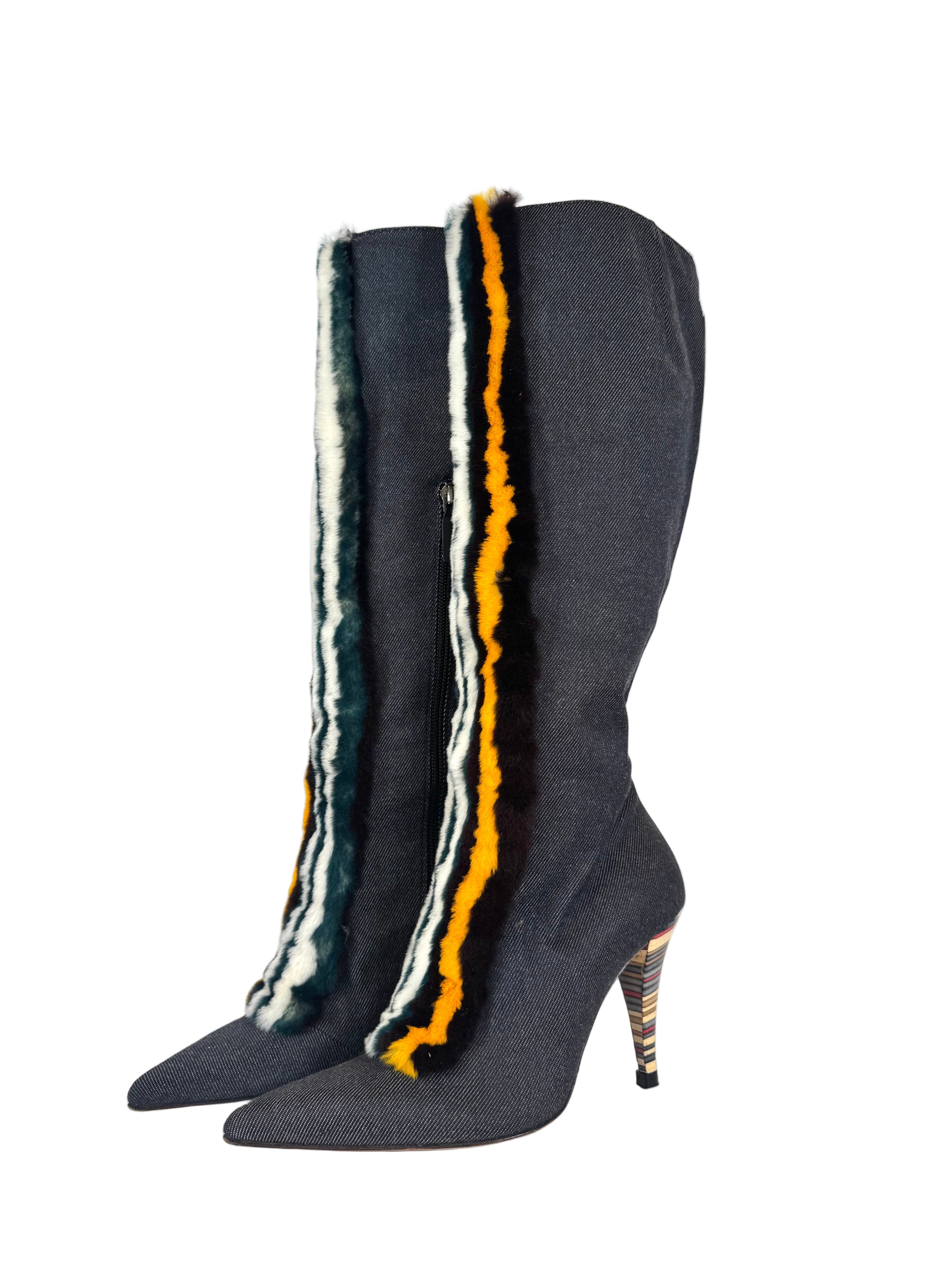 RARE DENIM & MULTICOLOR RABBIT FUR KNEE HIGH BOOTS