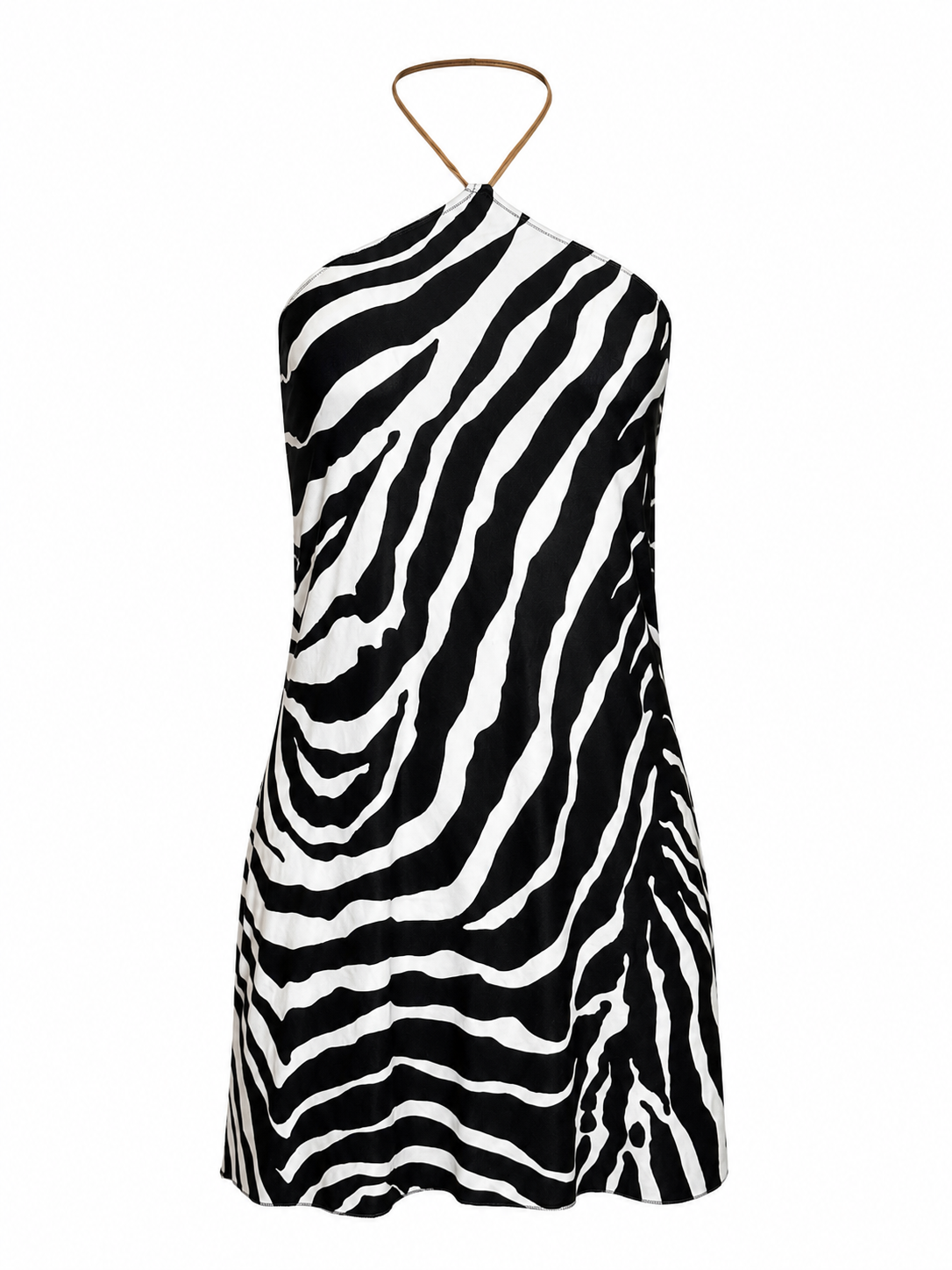 ZEBRA PRINTED MINI HALTER DRESS W FEATHER/BEADING