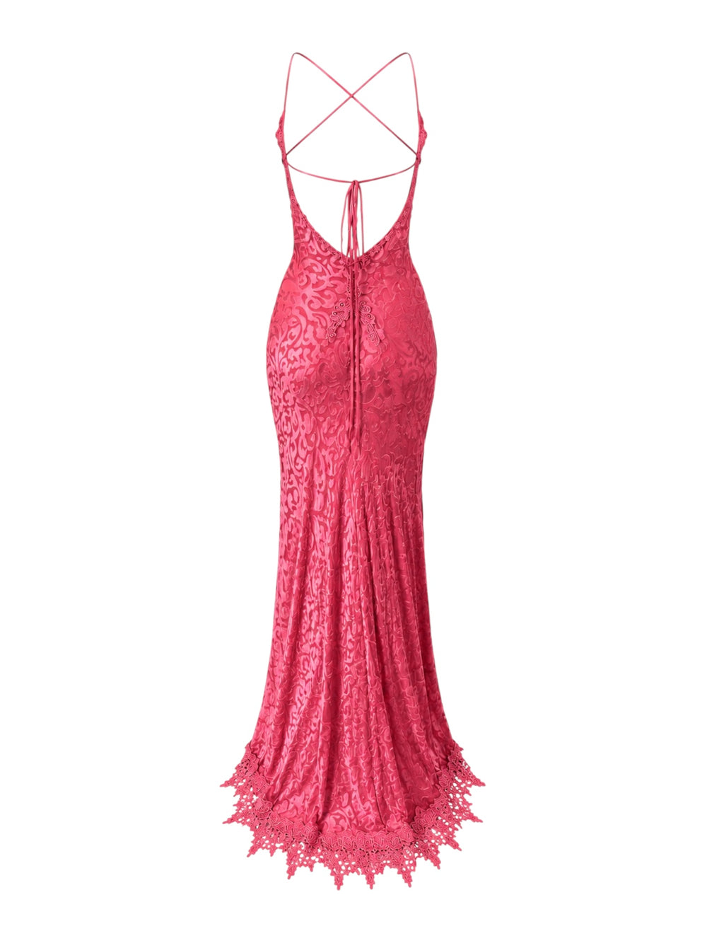 PEACH EMBROIDERED SILK MAXI DRESS W/ CROCHET DETAIL