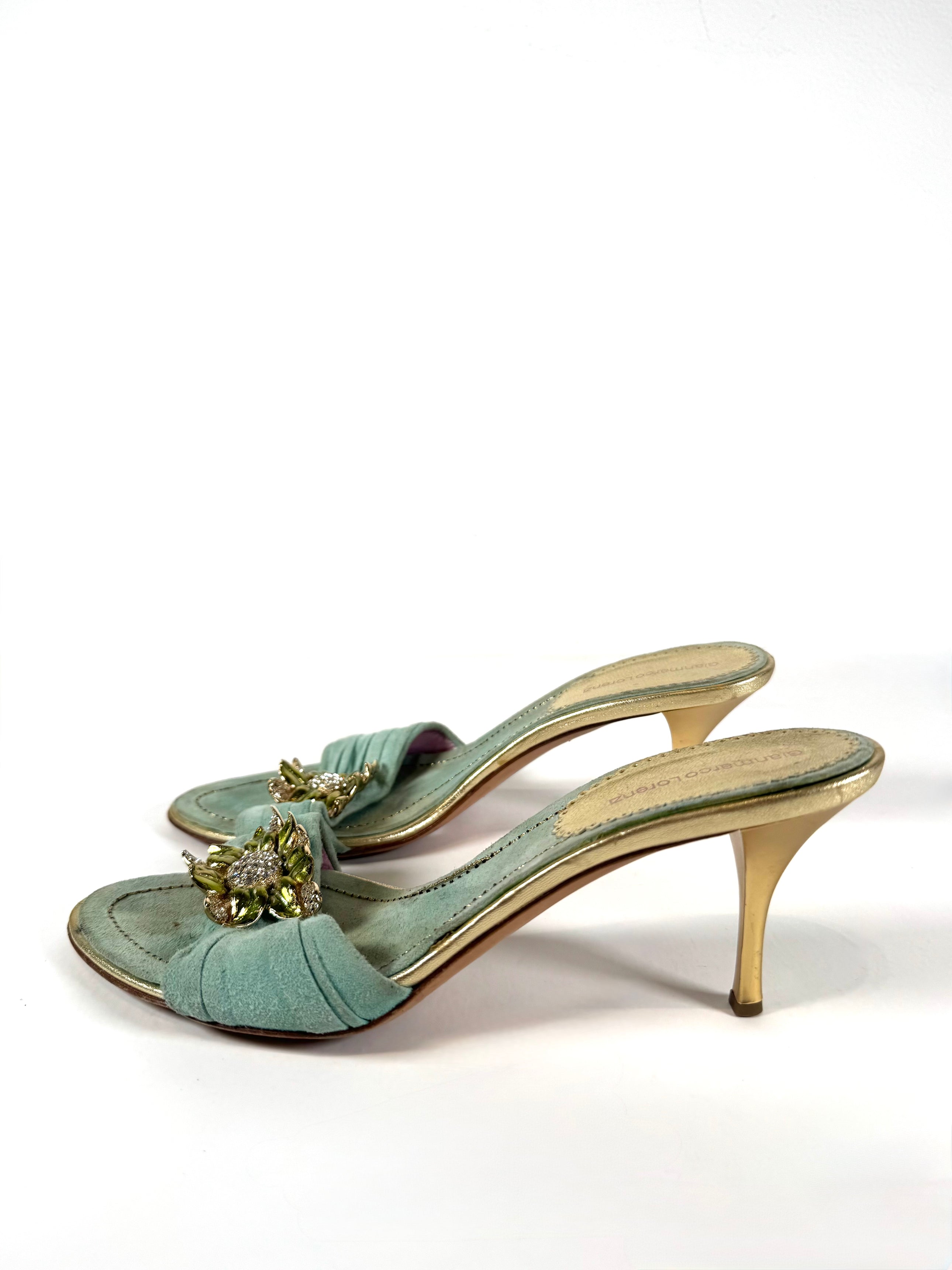 00S TEAL CRYSTAL ENAMEL FLOWER HEELS