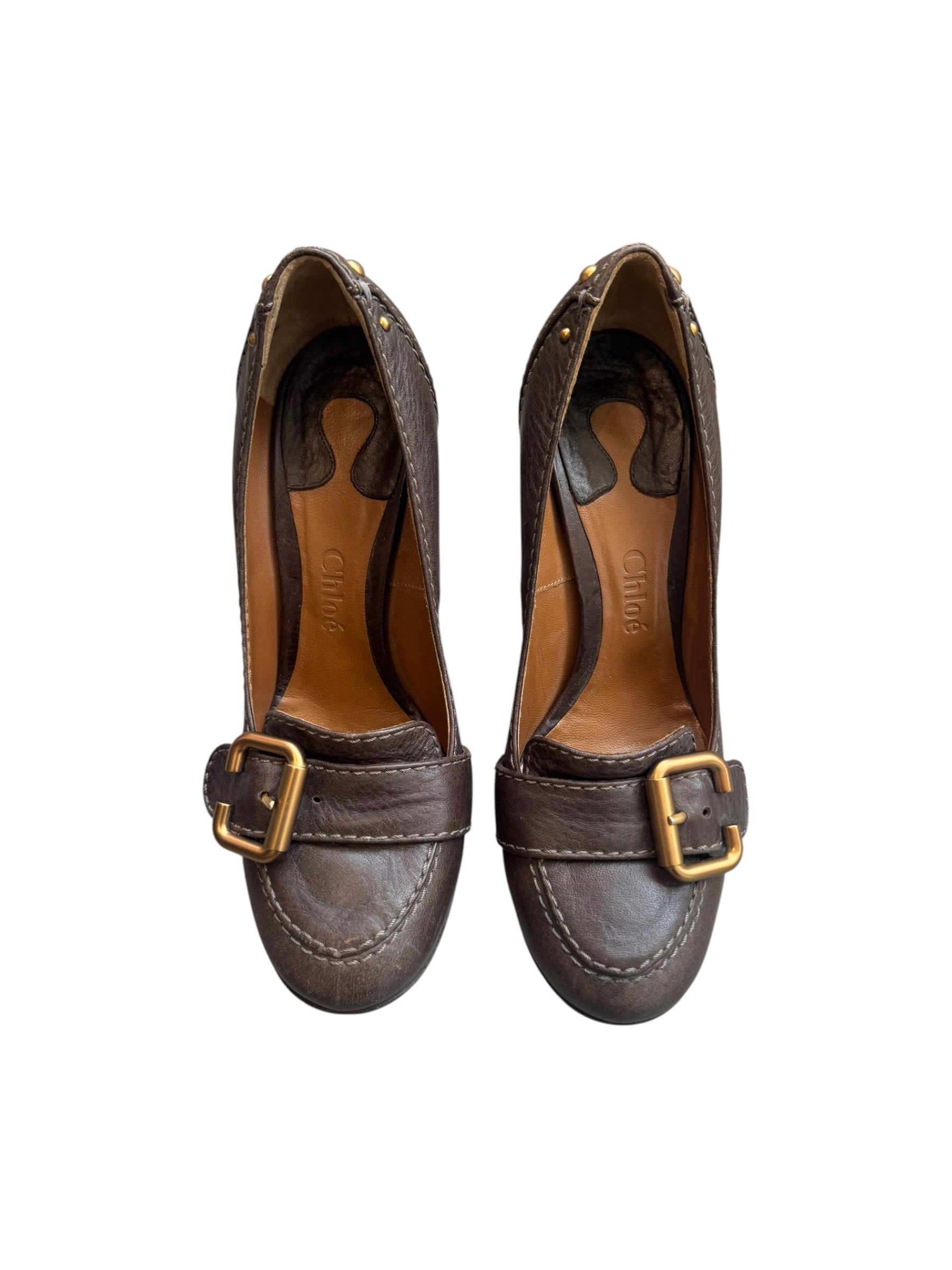 BROWN BUCKLE BLOCK HEEL @EA