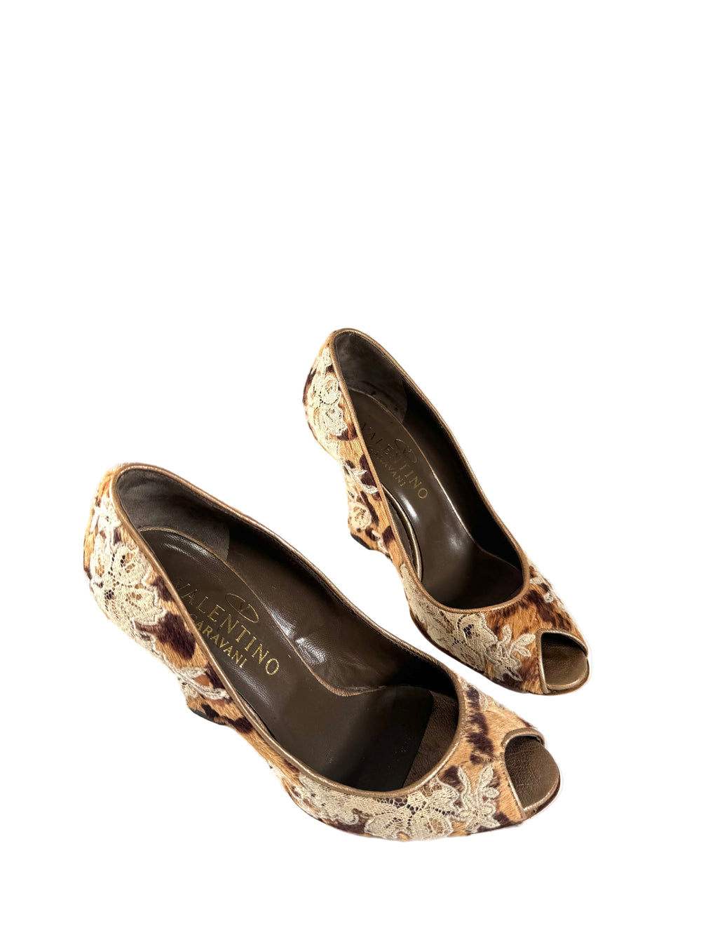 CALF-HAIR & LACE DETAIL PEEP TOE WEDGES