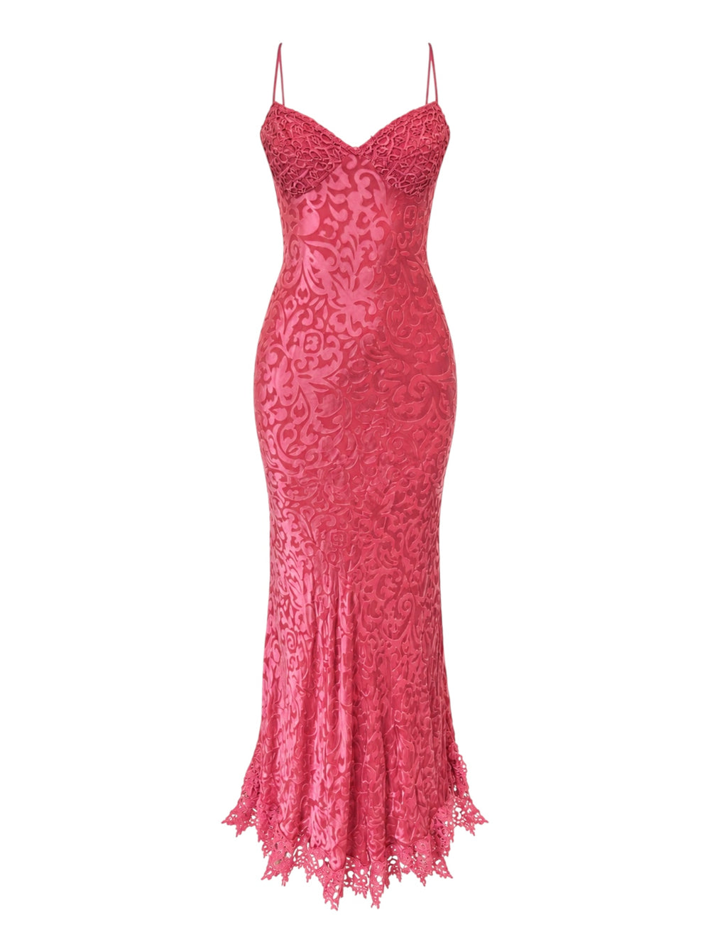 PEACH EMBROIDERED SILK MAXI DRESS W/ CROCHET DETAIL