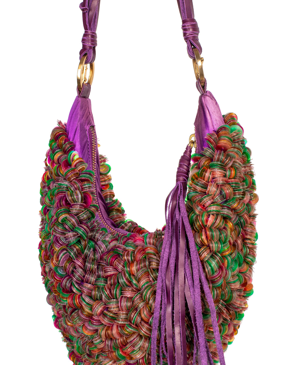 PURPLE SEQUIN SILK & LEATHER PURSE