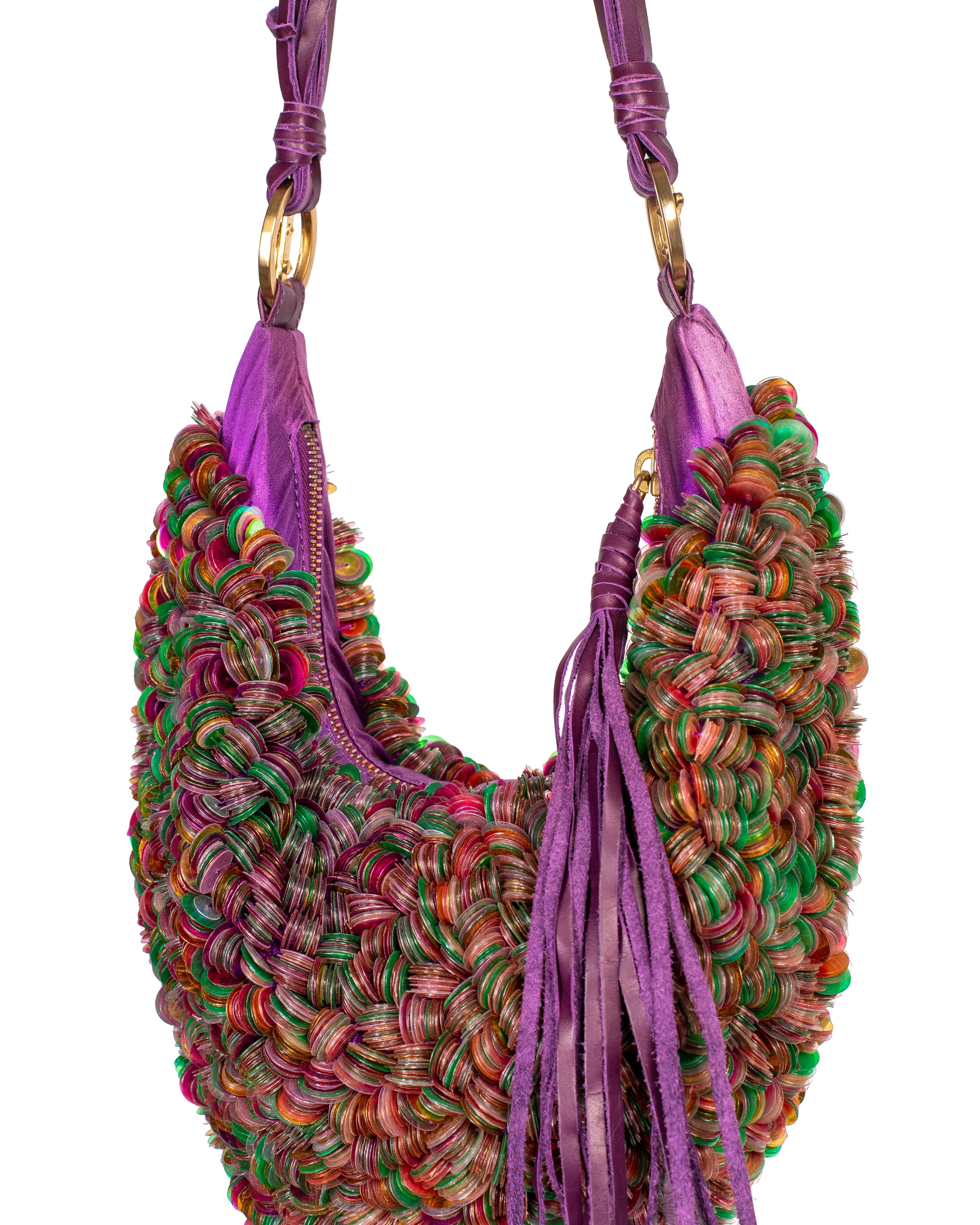 PURPLE SEQUIN SILK & LEATHER PURSE