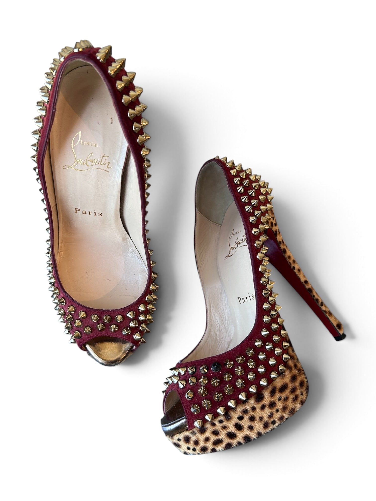 RED AND CHEETAH CALF HAIR SPIKED PUMPS @SM