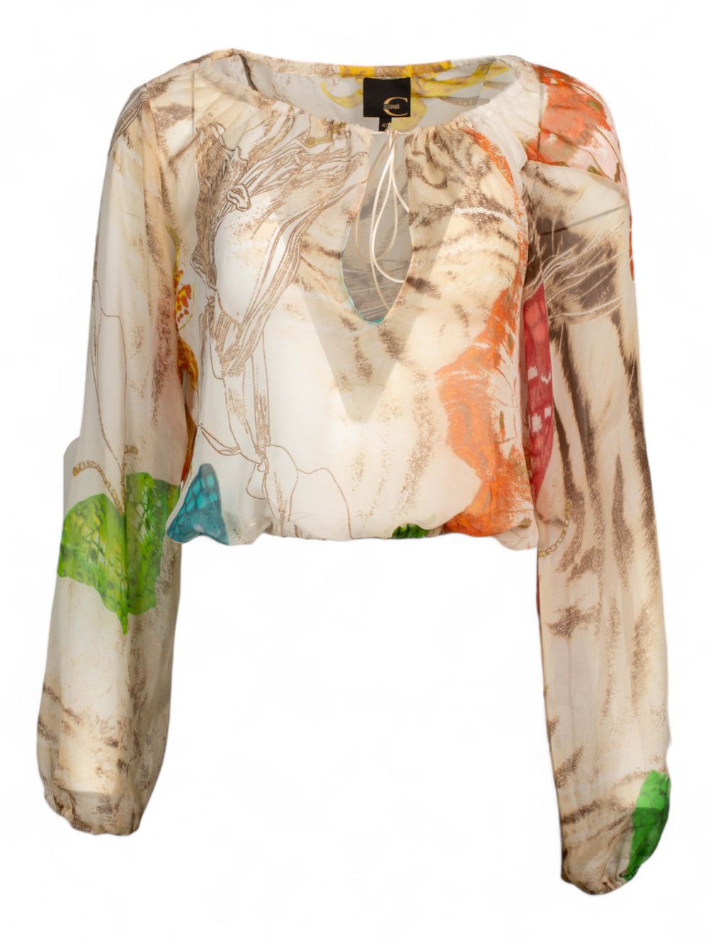 SILK BUTTERFLY PRINTED BALLOON SLEEVE TOP