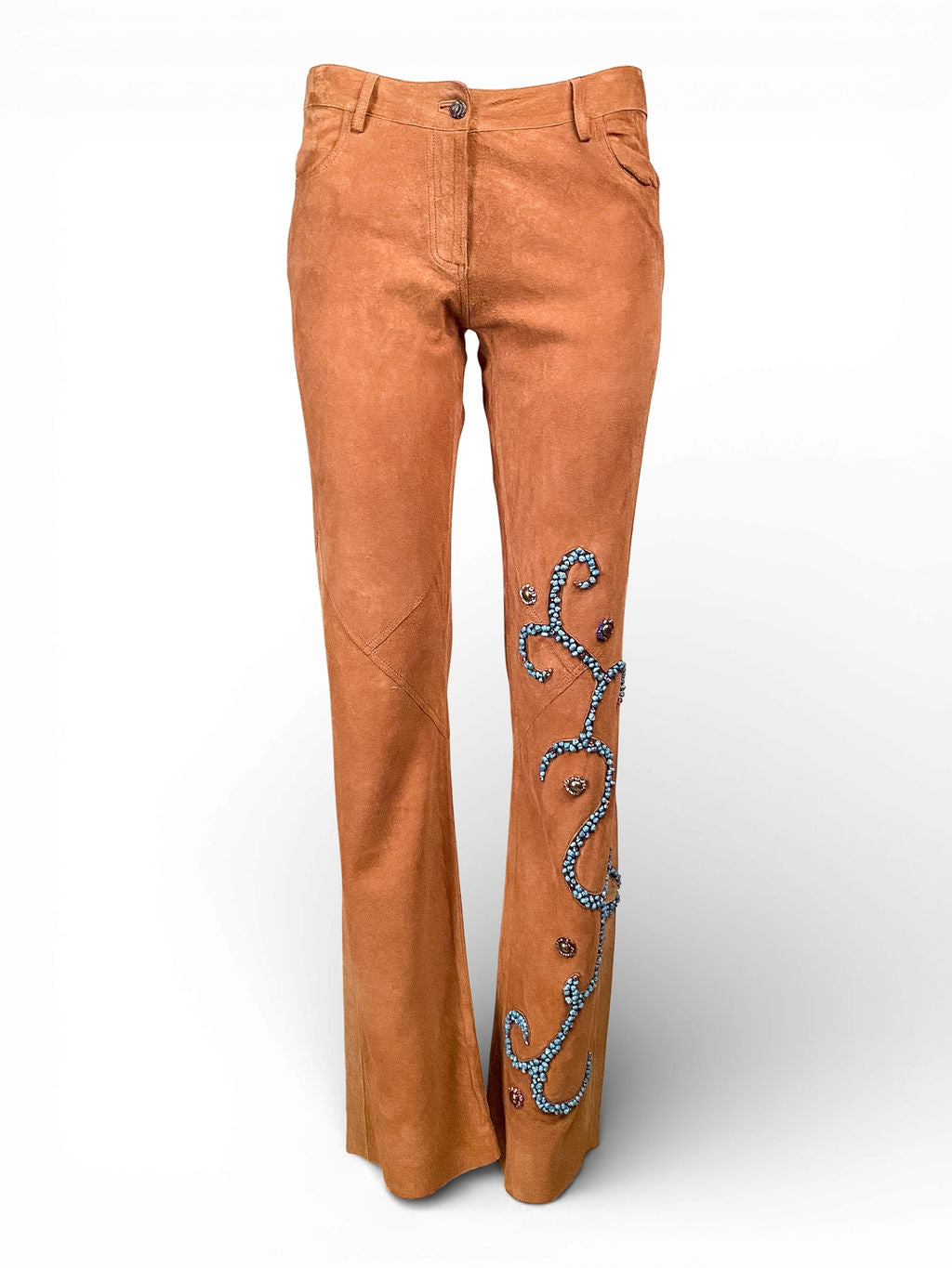 BROWN SUEDE & TURQUOISE STONE FLARED PANTS @MMC