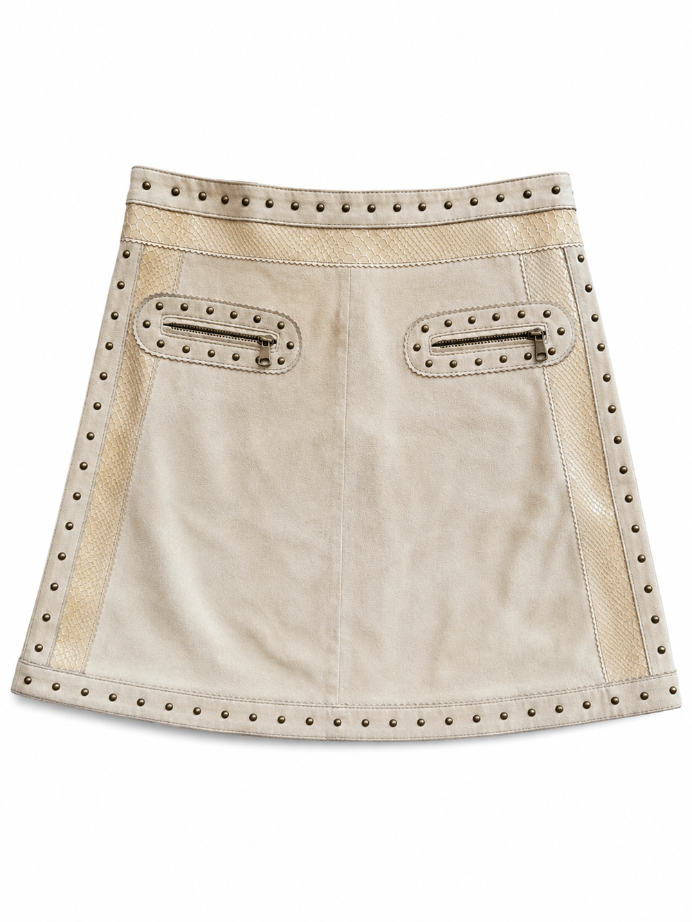 BEIGE SUEDE LEATHER MIDI SKIRT W STUDS/SNAKESKIN @IRIK