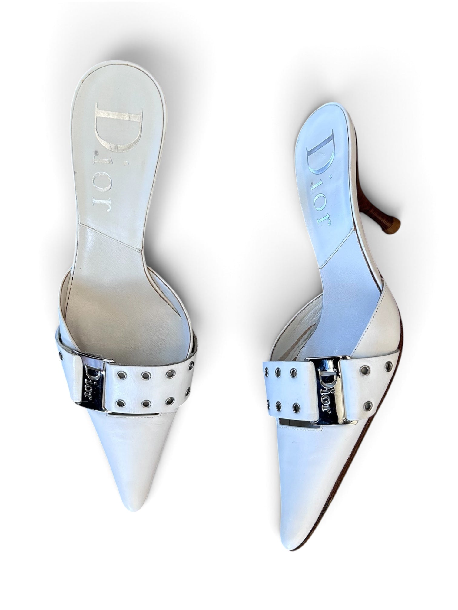 WHITE BUCKLE POINT TOE MULES