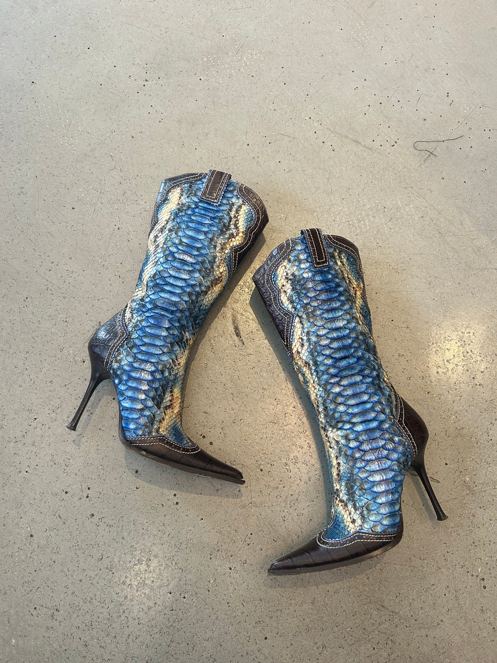 PYTHON BLUE STILETTO BOOTS