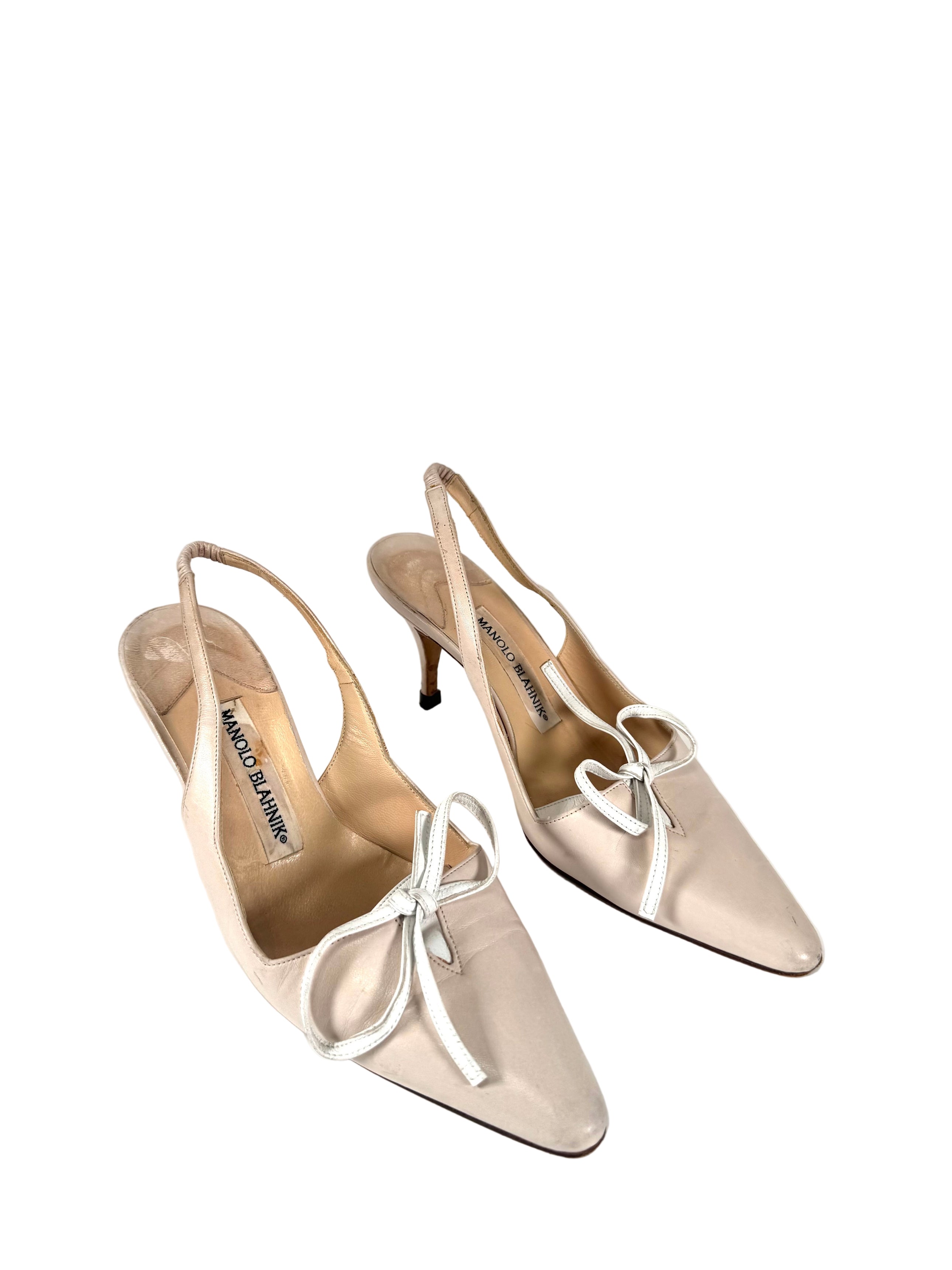 BEIGE LEATHER SLINGBACK BOW PUMPS
