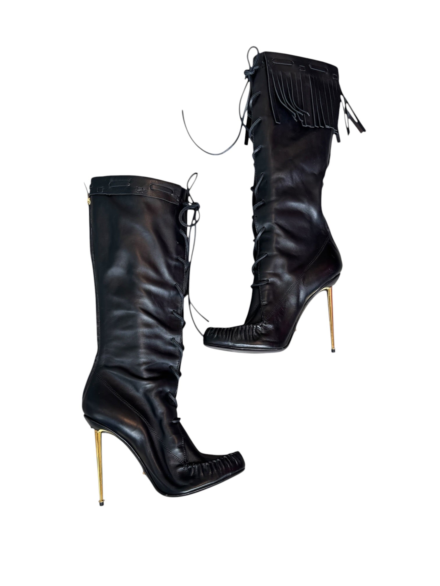 BLACK PATENT LEATHER LACE UP FRINGE BOOTS W GOLD HEEL