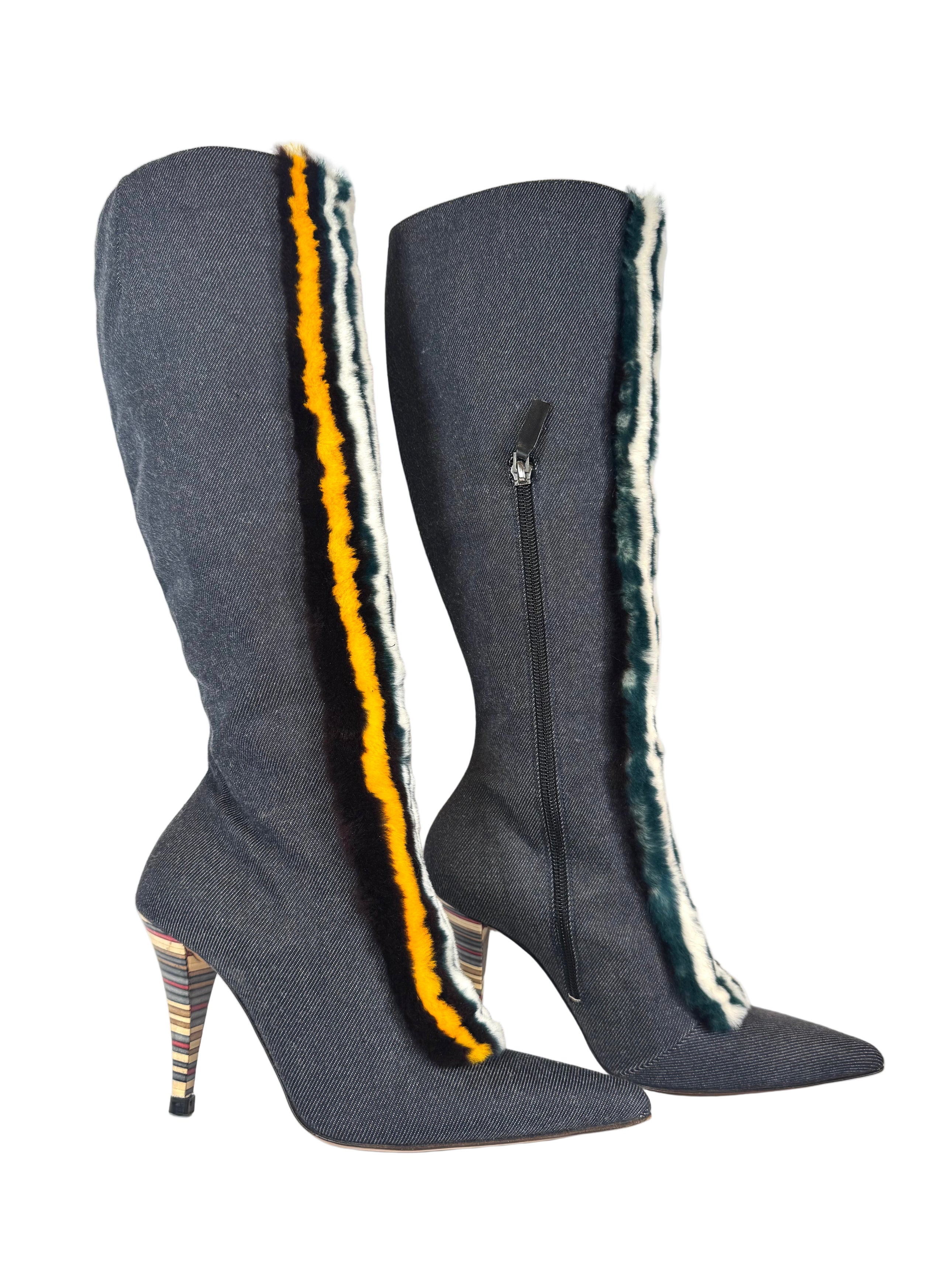 RARE DENIM & MULTICOLOR RABBIT FUR KNEE HIGH BOOTS