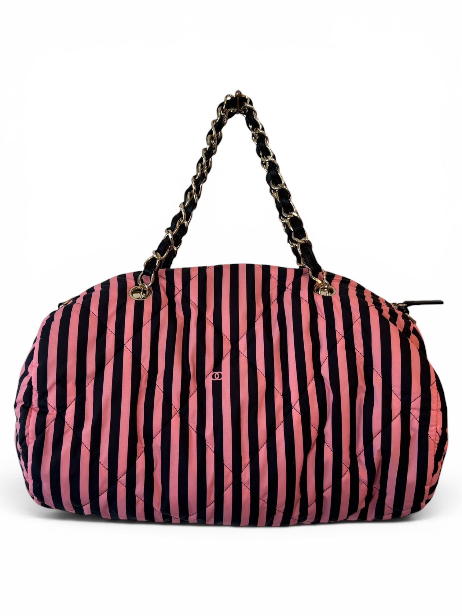 2024 PINK & BLACK STRIPED NYLON BEACH BAG (W STRAP)