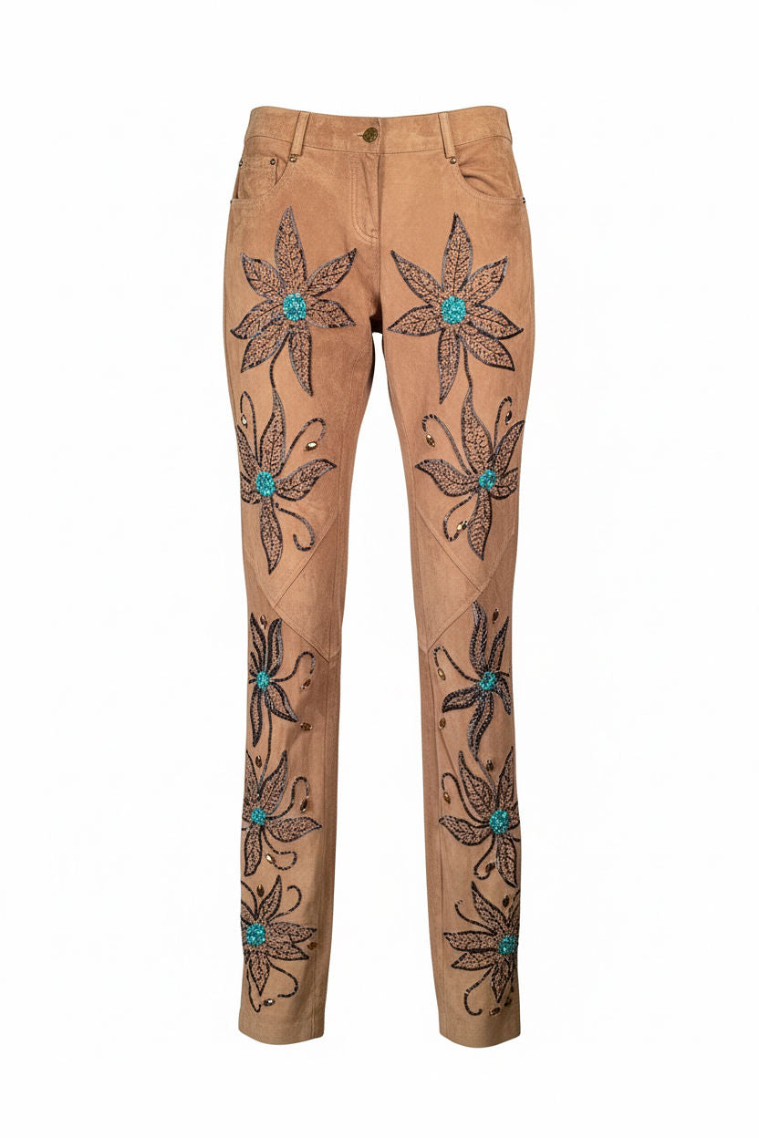 BEIGE SUEDE & TURQUOISE BEADED TROUSERS (1/1) @MCC