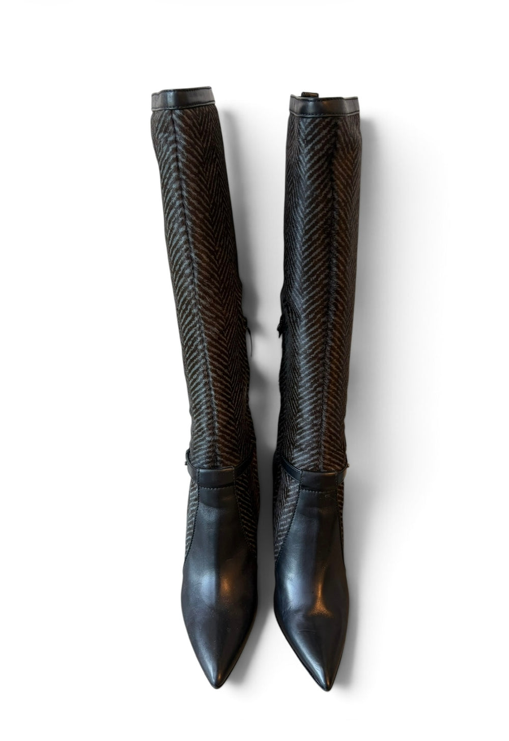 CHEVRON PONY HAIR & LEATHER KNEE HIGH BOOTS @IRIK