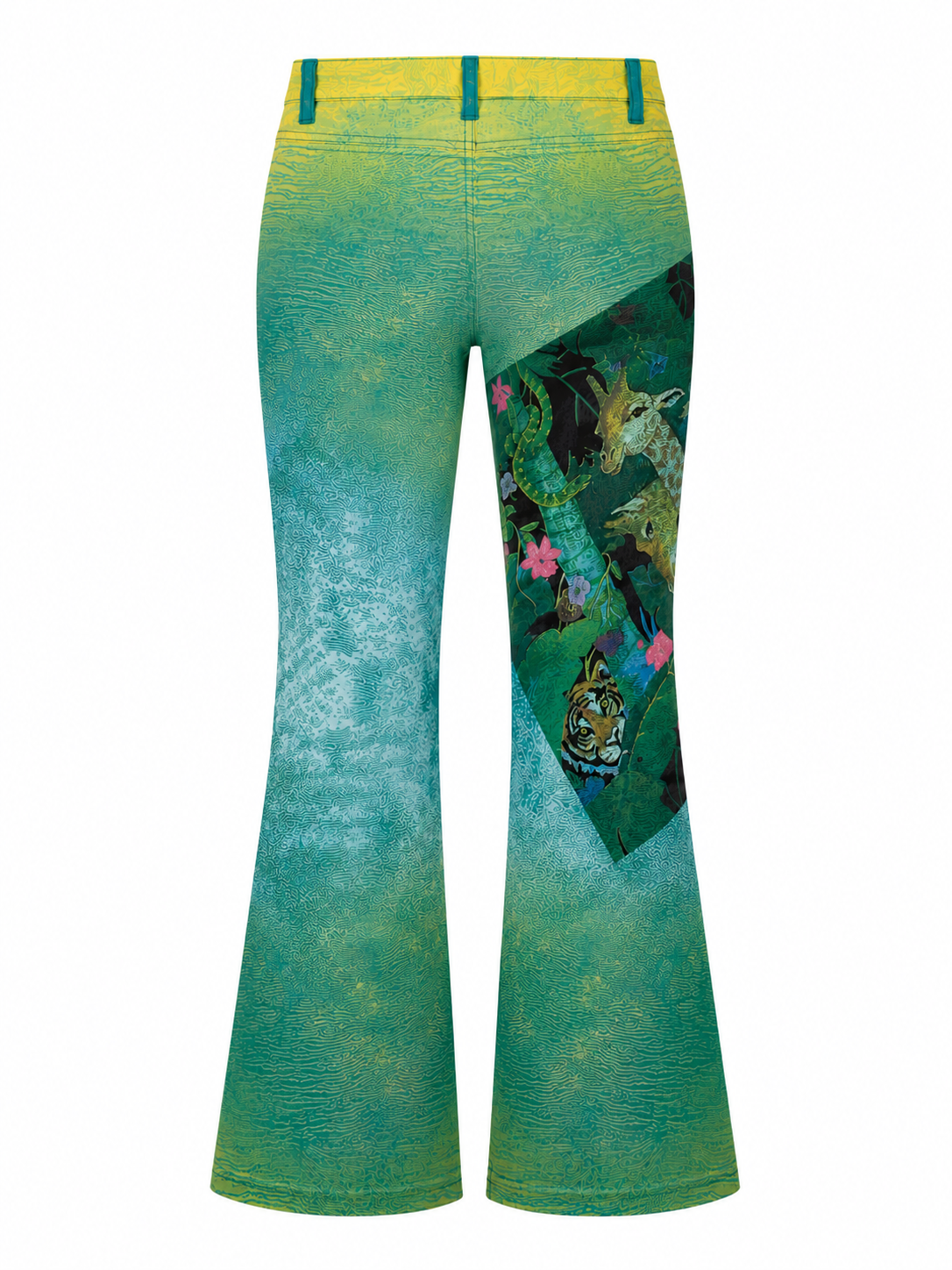 2001 GREEN SAFARI PRINT FLARED JEANS