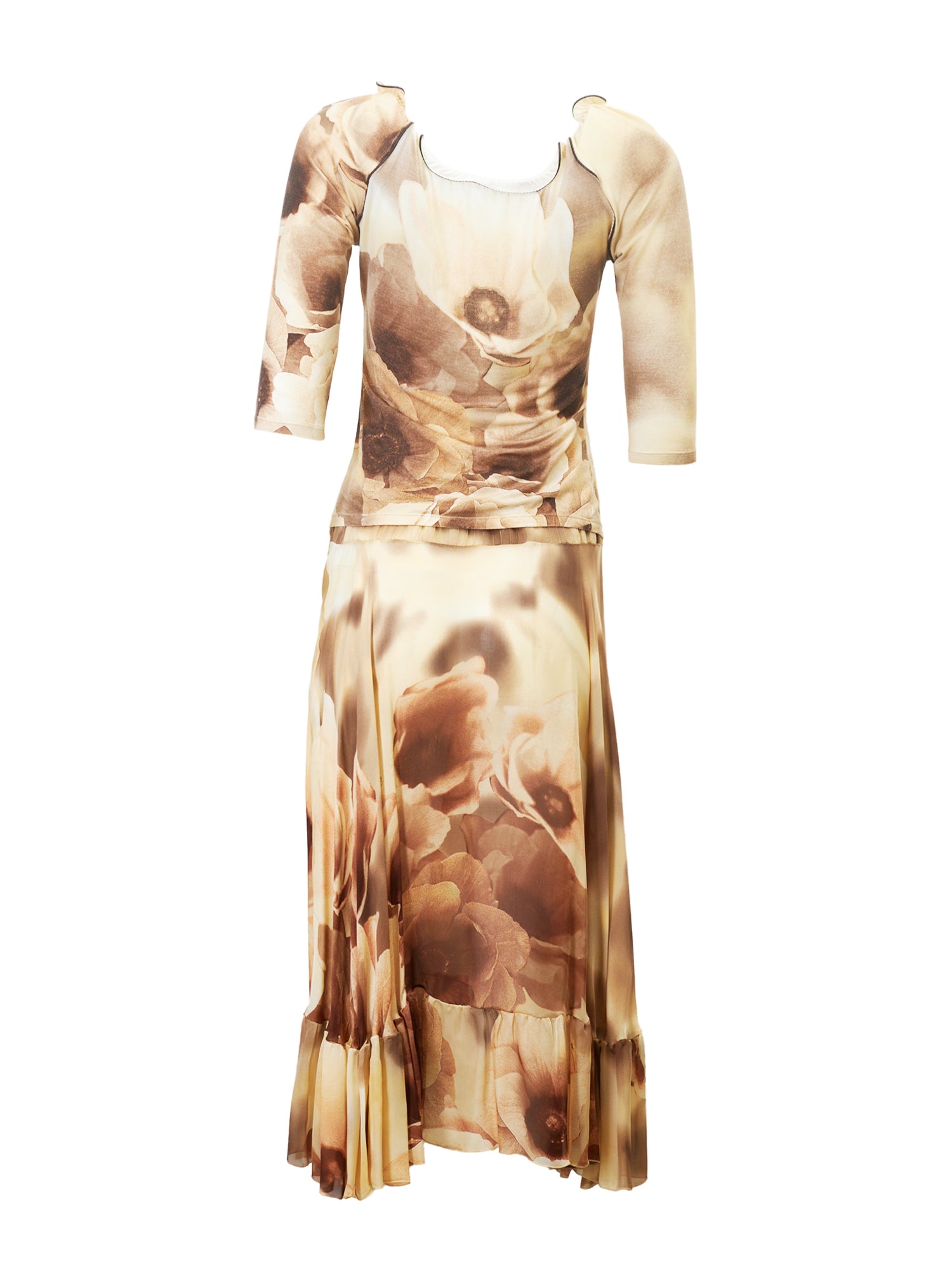 SS02 CREAM & BROWN TULIP PRINTED 2PC SKIRT SET