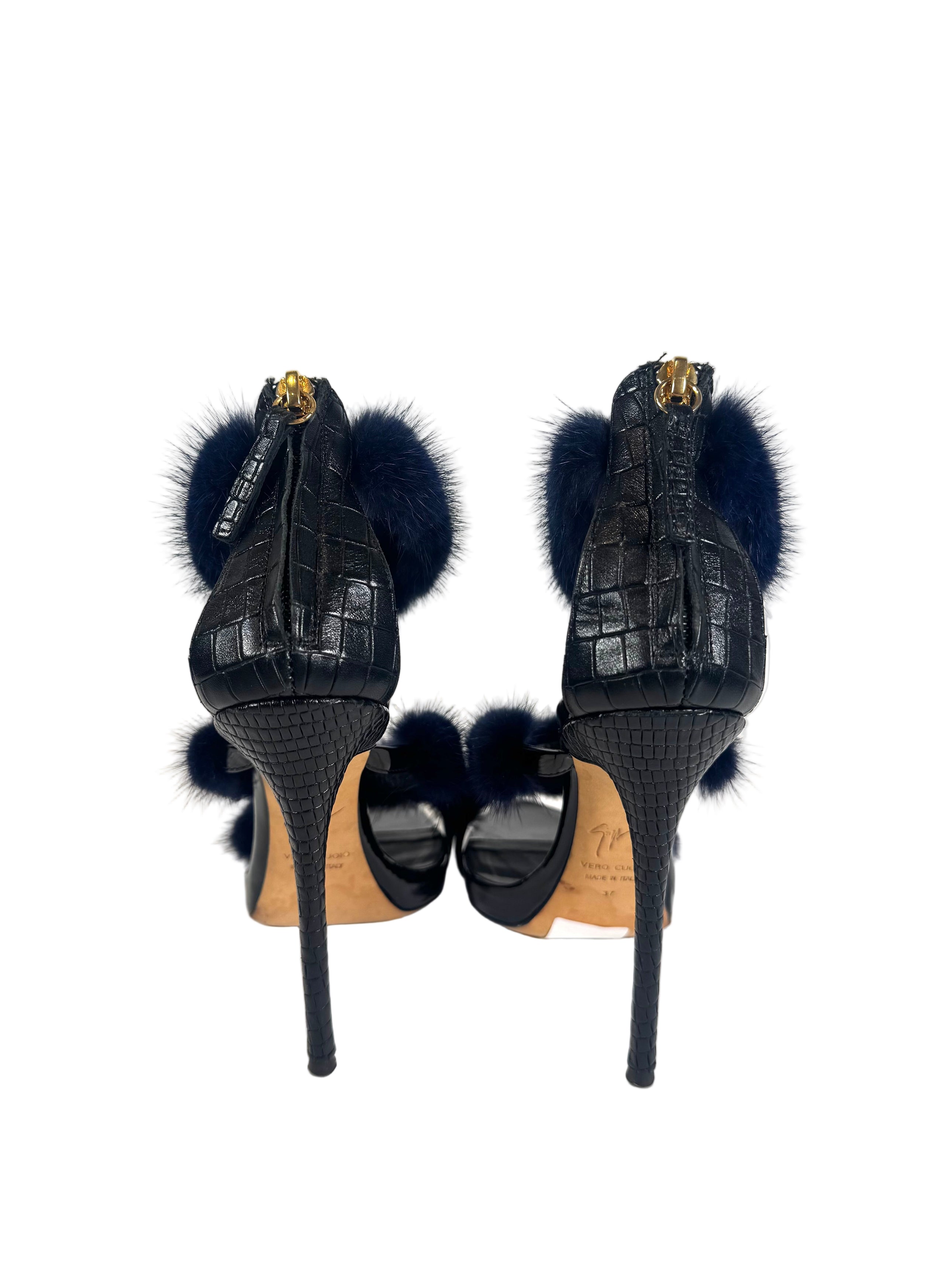 MINK FUR & CROC EMBOSSED HEELS