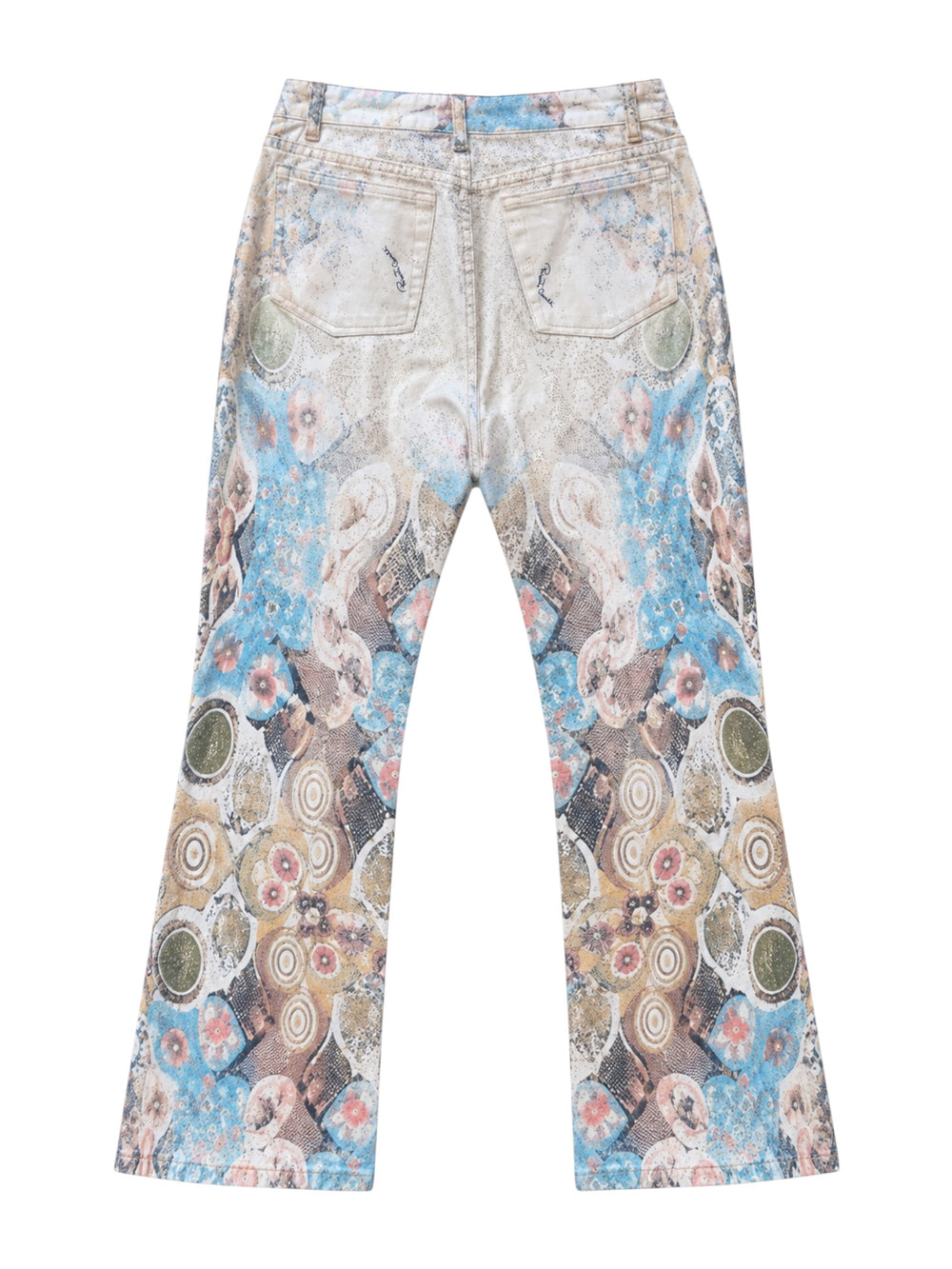 WHITE & MULTICOLOR ABSTRACT GLITTER PRINT JEANS W TASSLE