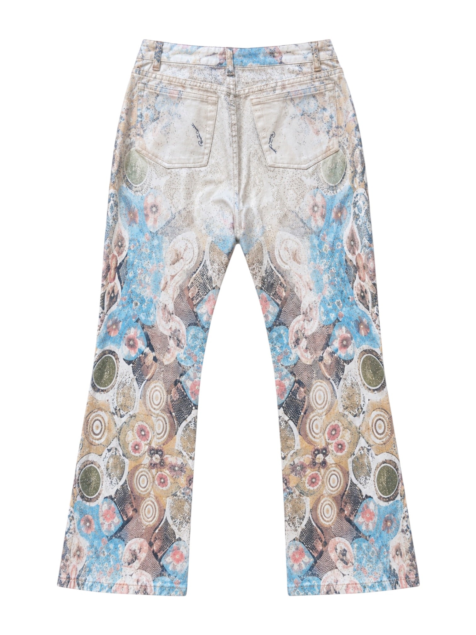 WHITE & MULTICOLOR ABSTRACT GLITTER PRINT JEANS W TASSLE