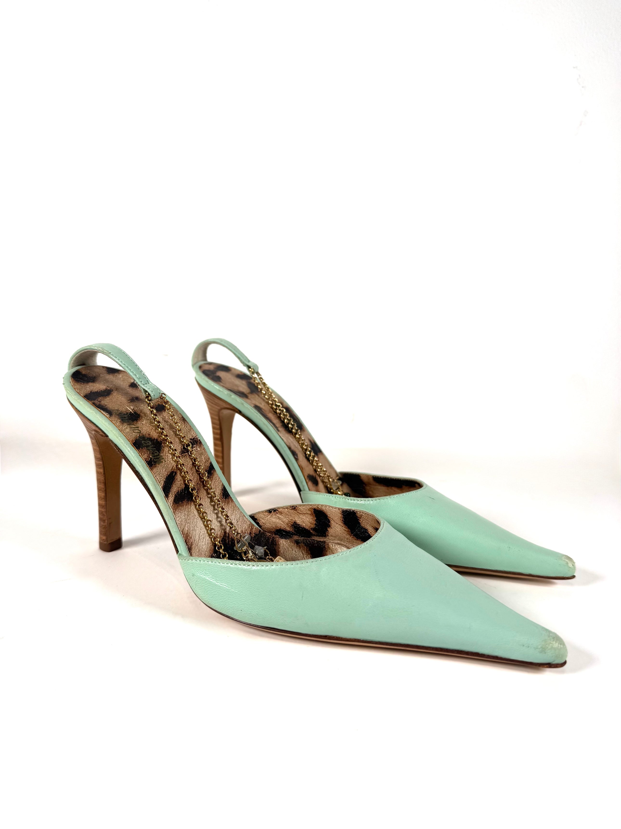 TURQUOISE LEATHER MULES W/ CHARM ANKLE STRAPS
