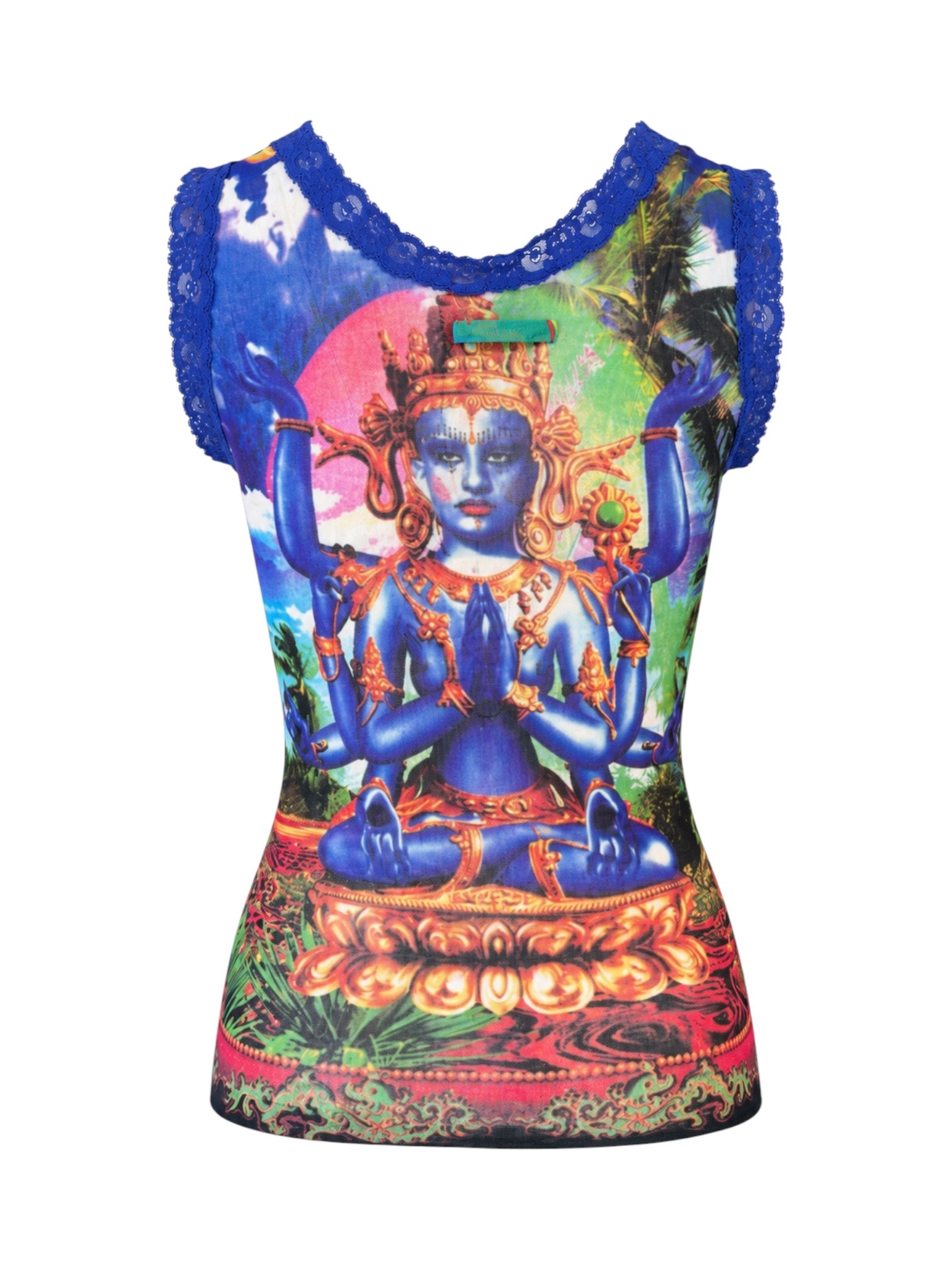 SS97 "SHIVA" PRINT MESH PURPLE LACE TRIM TANK TOP