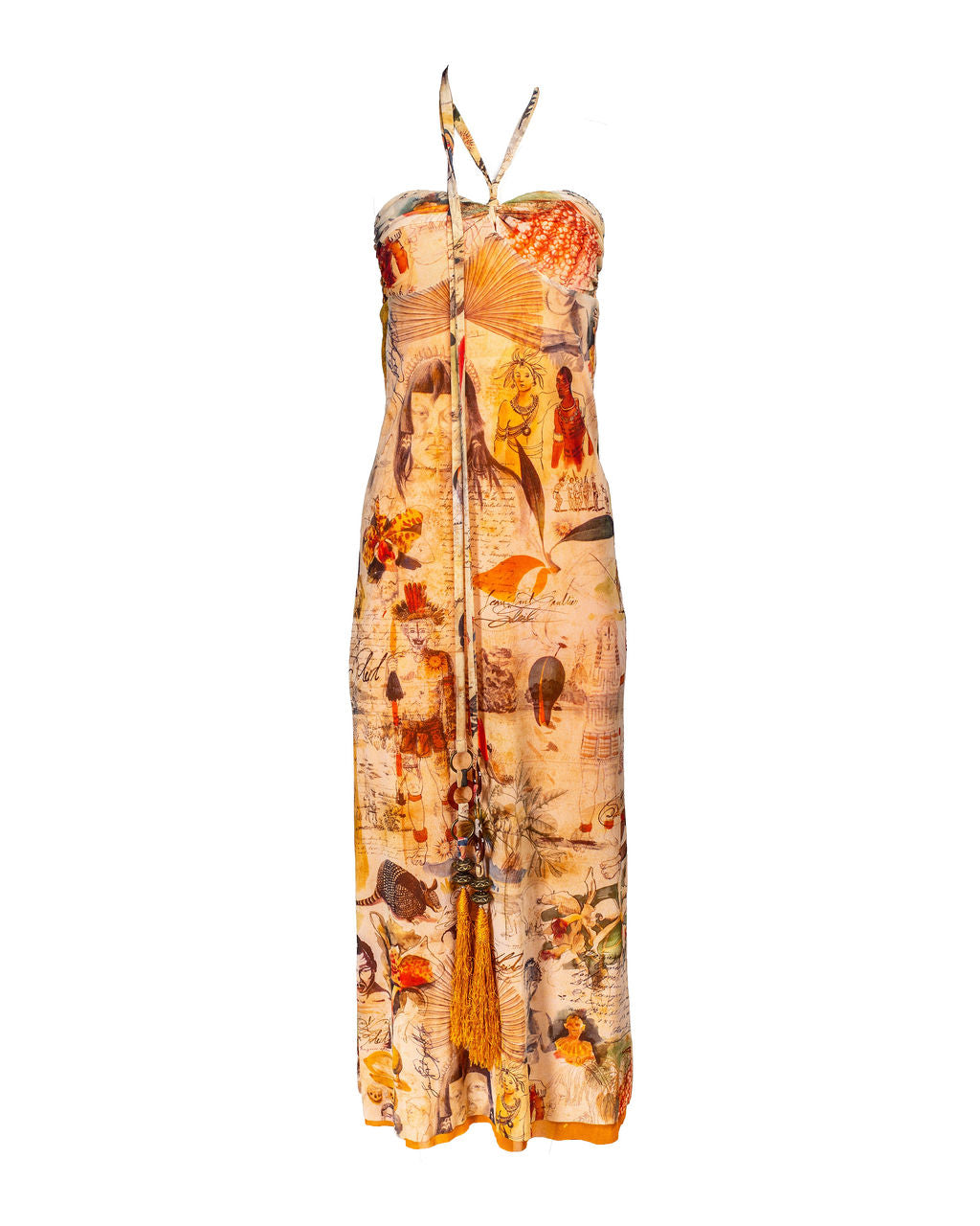 TRIBAL MESH TASSEL HALTER DRESS