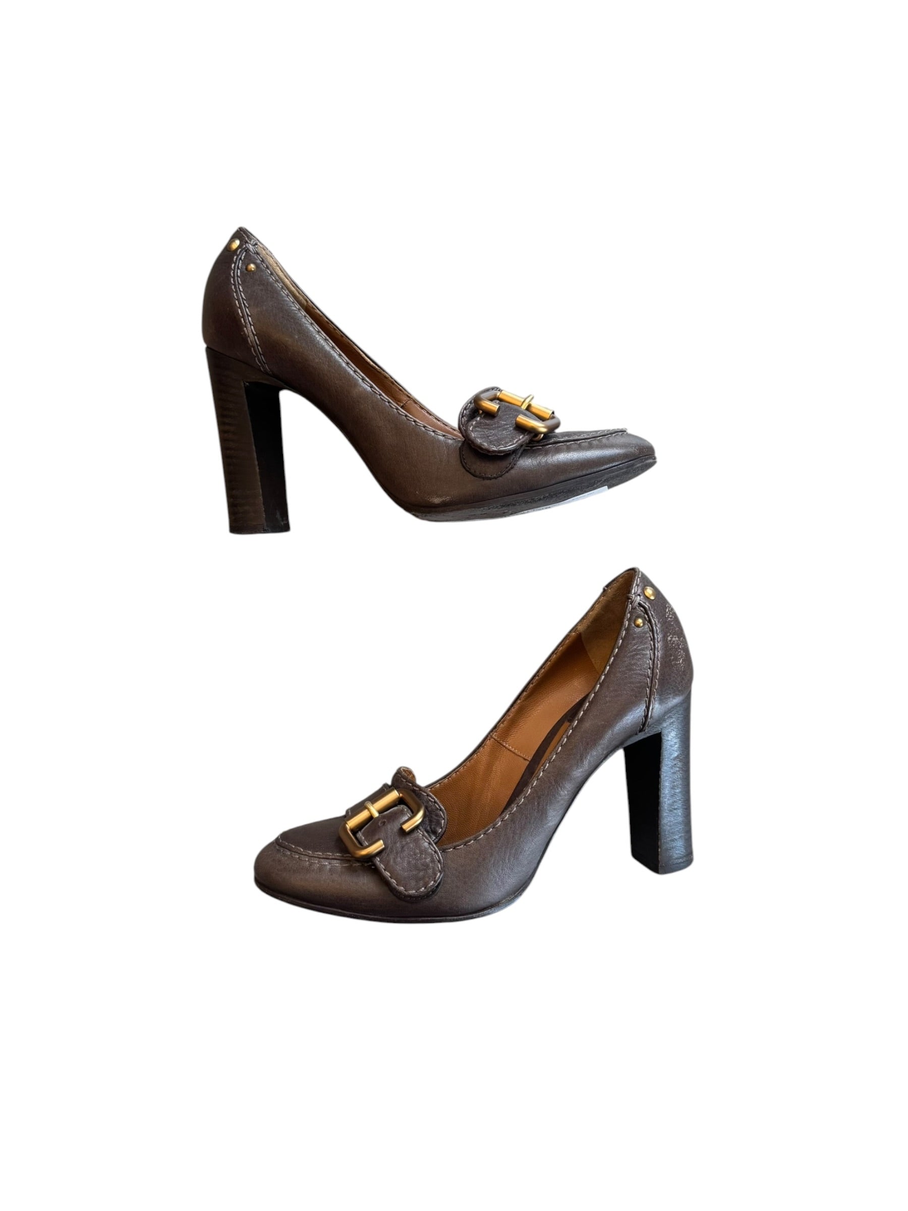 BROWN BUCKLE BLOCK HEEL @EA