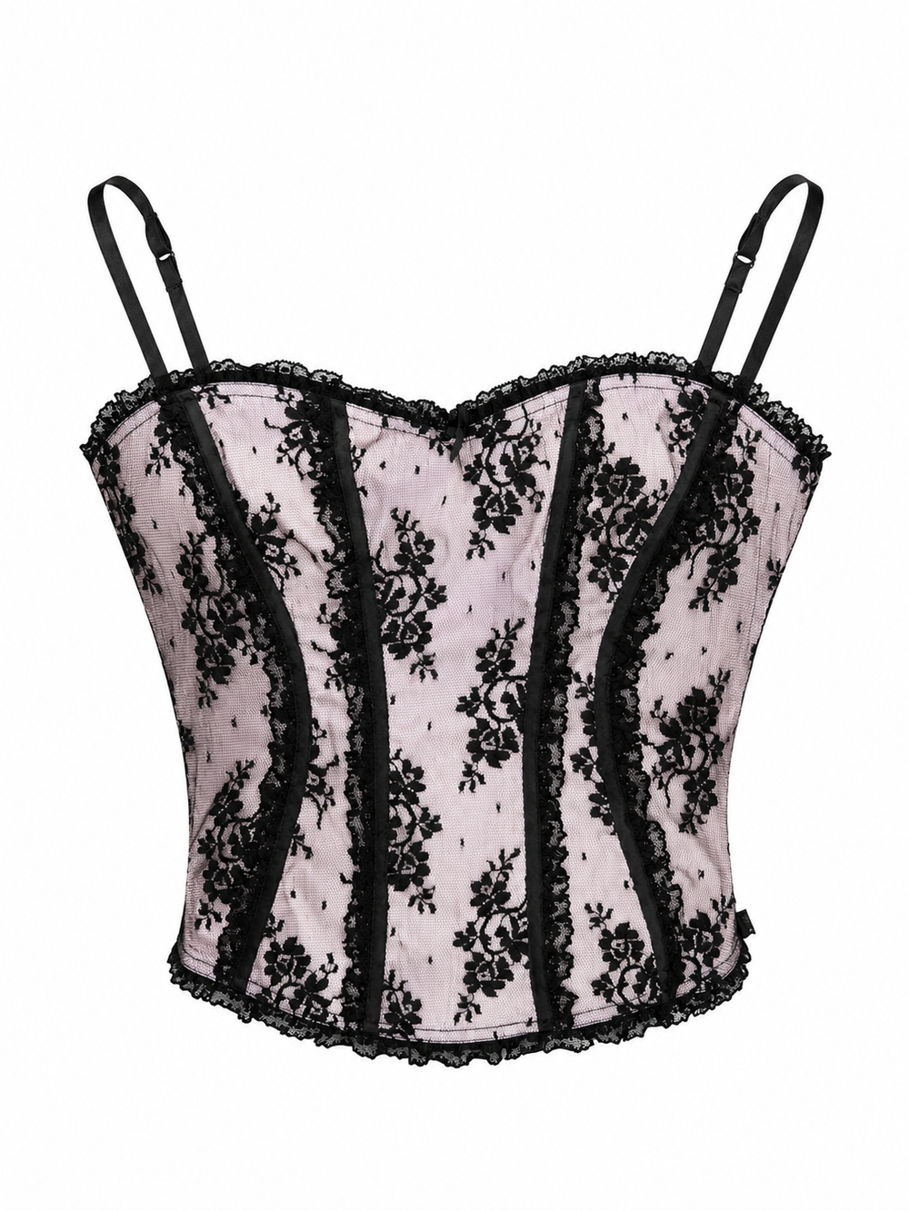 00S PINK CORSET W BLK FLORAL LACE OVERLAY/BUILT IN BRA