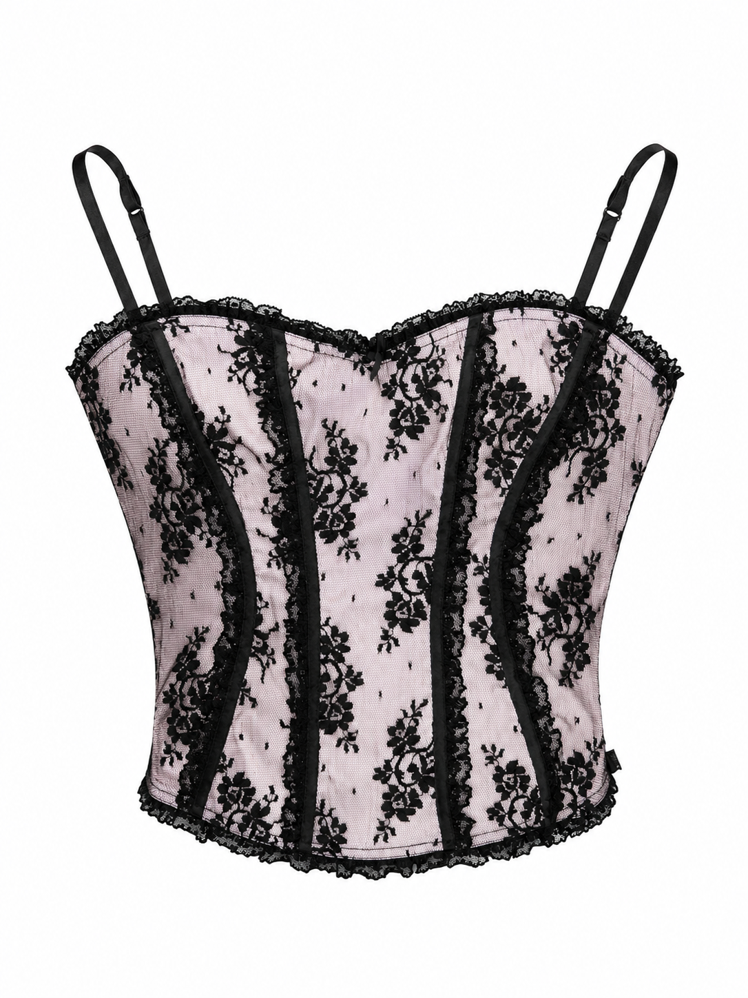 00S PINK CORSET W BLK FLORAL LACE OVERLAY/BUILT IN BRA