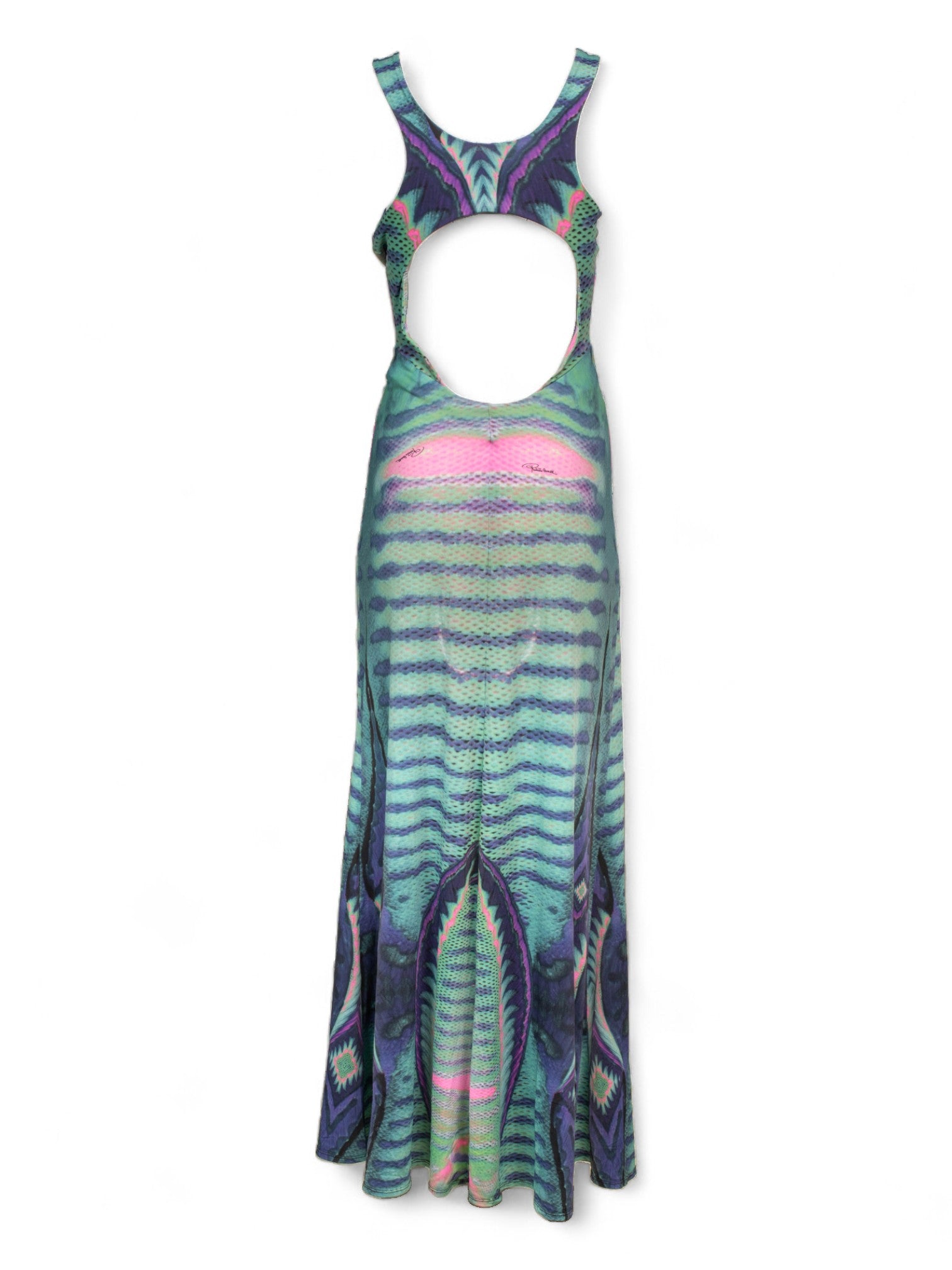OPEN BACK GREEN AND BLUE SNAKEPRINT MAXI DRESS
