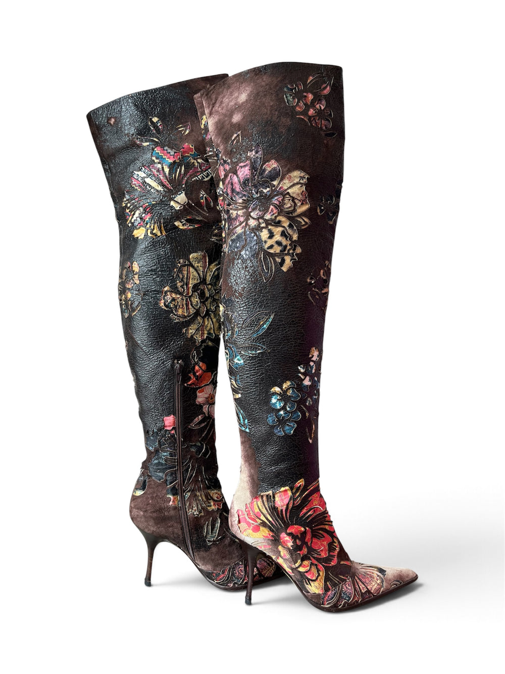 2003 FLORAL BURNOUT LEATHER & SUEDE THIGH HIGH BOOTS