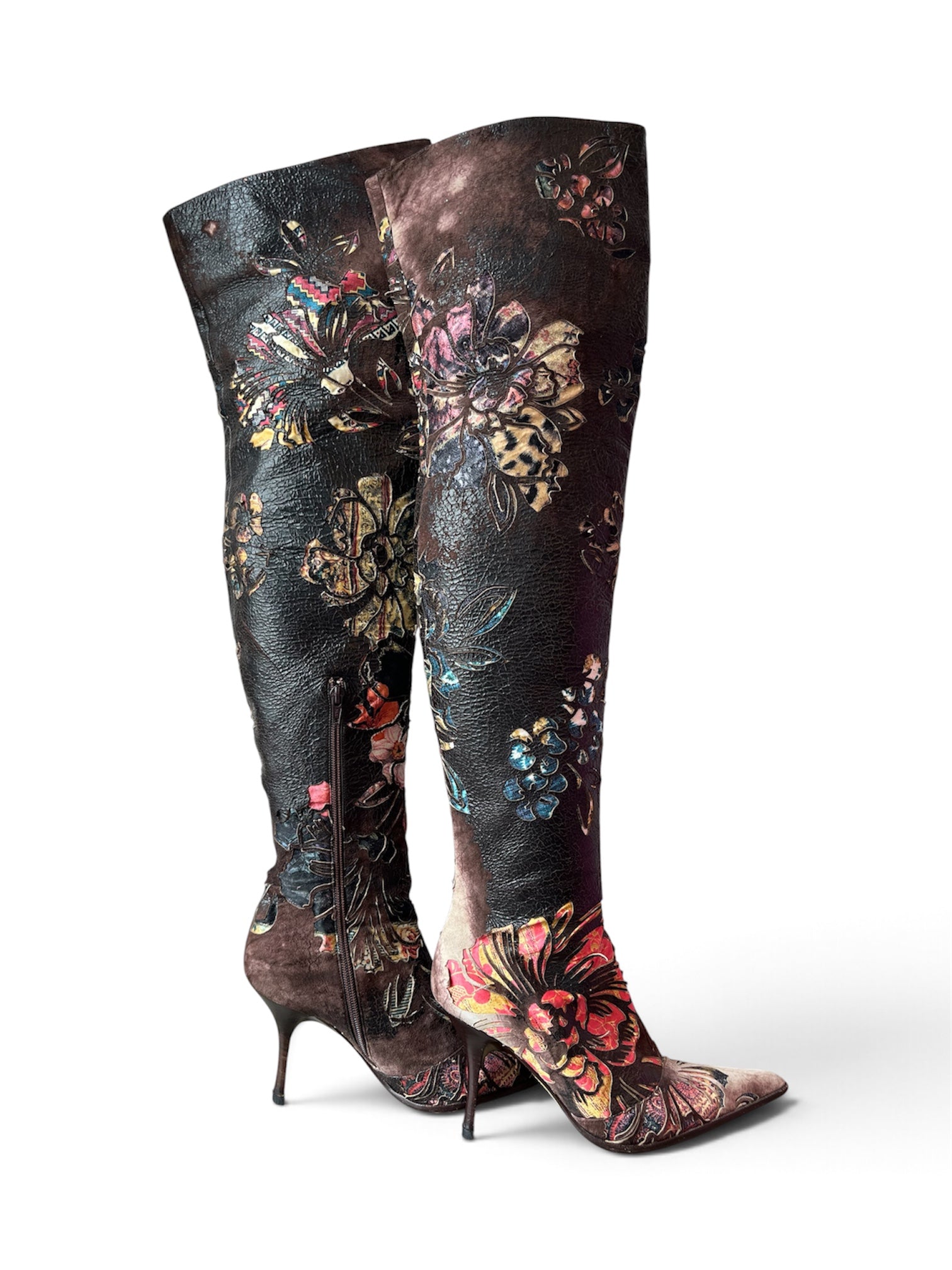 2003 FLORAL BURNOUT LEATHER & SUEDE THIGH HIGH BOOTS