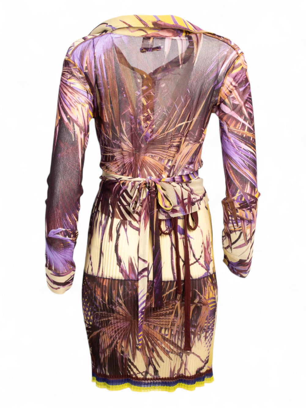 YELLOW/PURPLE PALM TREE PLEATED SKIRT & MESH TOP SET